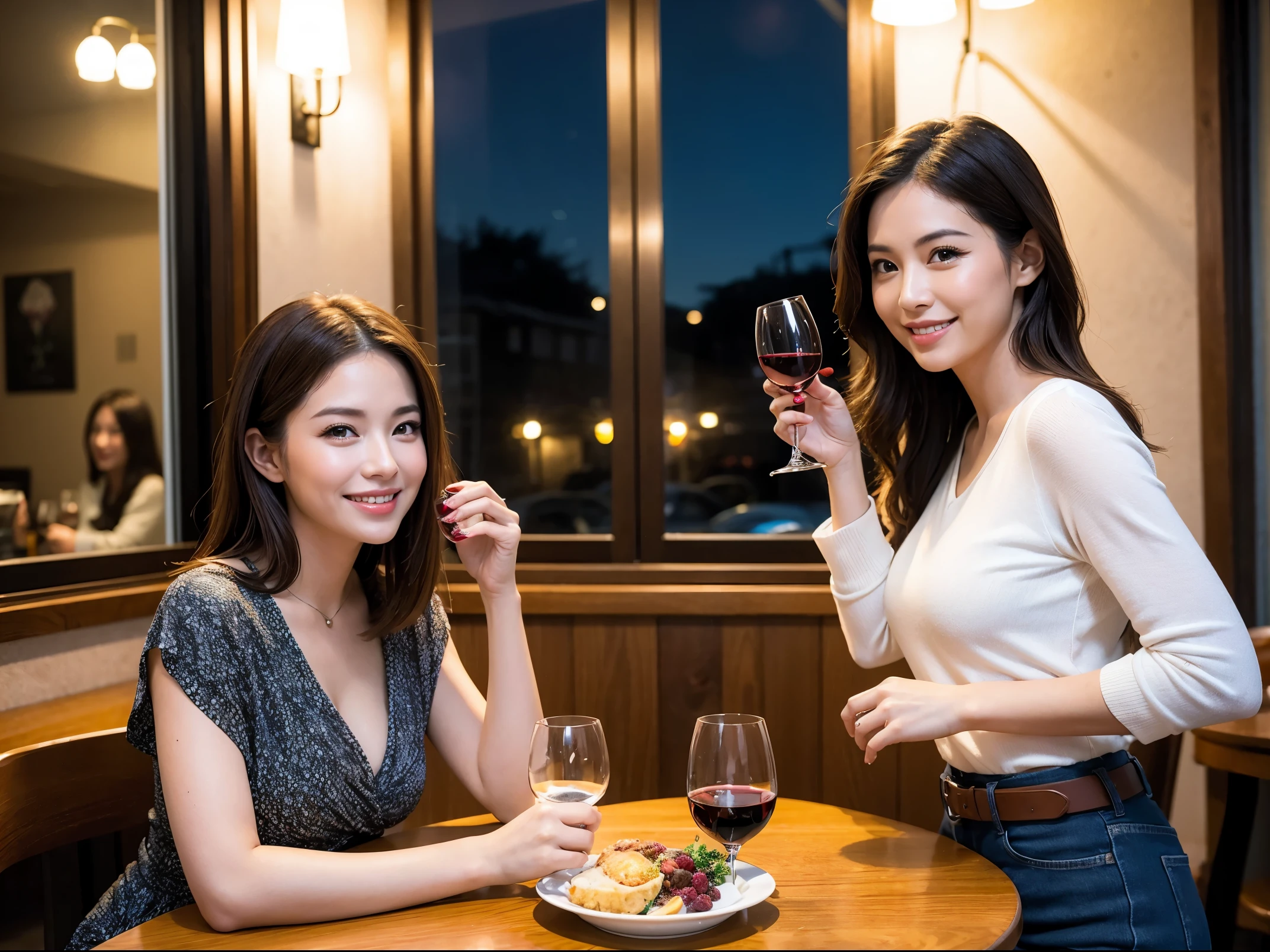 (64k uhd, nffsw, of the highest quality, masutepiece: 1.2), (Realistic, Photorealistic: 1.37), Pretty Woman 1, (Slim Face), (slimボティ), (Brown hair), (short-cut), Americana、Frenchman、cheeks blush a little, (40 years old), 38 years, Solo, A beautiful and detailed night view spreads out outside the window......., restaurant, wine glassesに座って, At night, In a prominent place (from waist up) NovaFrogStyle, actress, Model, waist-up, white wine, slim, wine glasses, Super clean night view, 真ん中に置かれたwine glasses, Happy smile, (Smile: 1.15), Beautiful fine eyes, Upper body, Bust Japan Up, Night, Short, Short, actress, Model, waist-up, white wine, slim, wine glasses, Super clean night view, 真ん中に置かれたwine glasses, Happy smile,