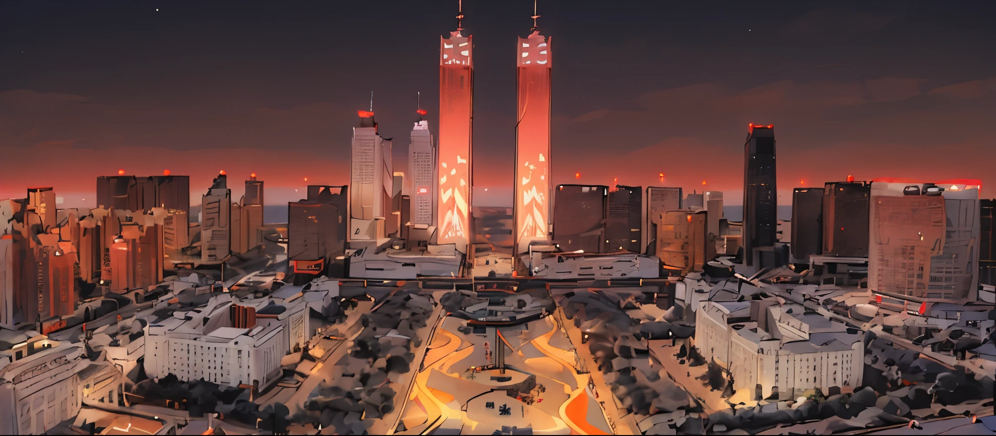 natta，panoramic view of a city，new year，Chinese New Year&#39;s Eve，city night scene，fire works，cyber punk personage，There is a plane from the future in the sky
