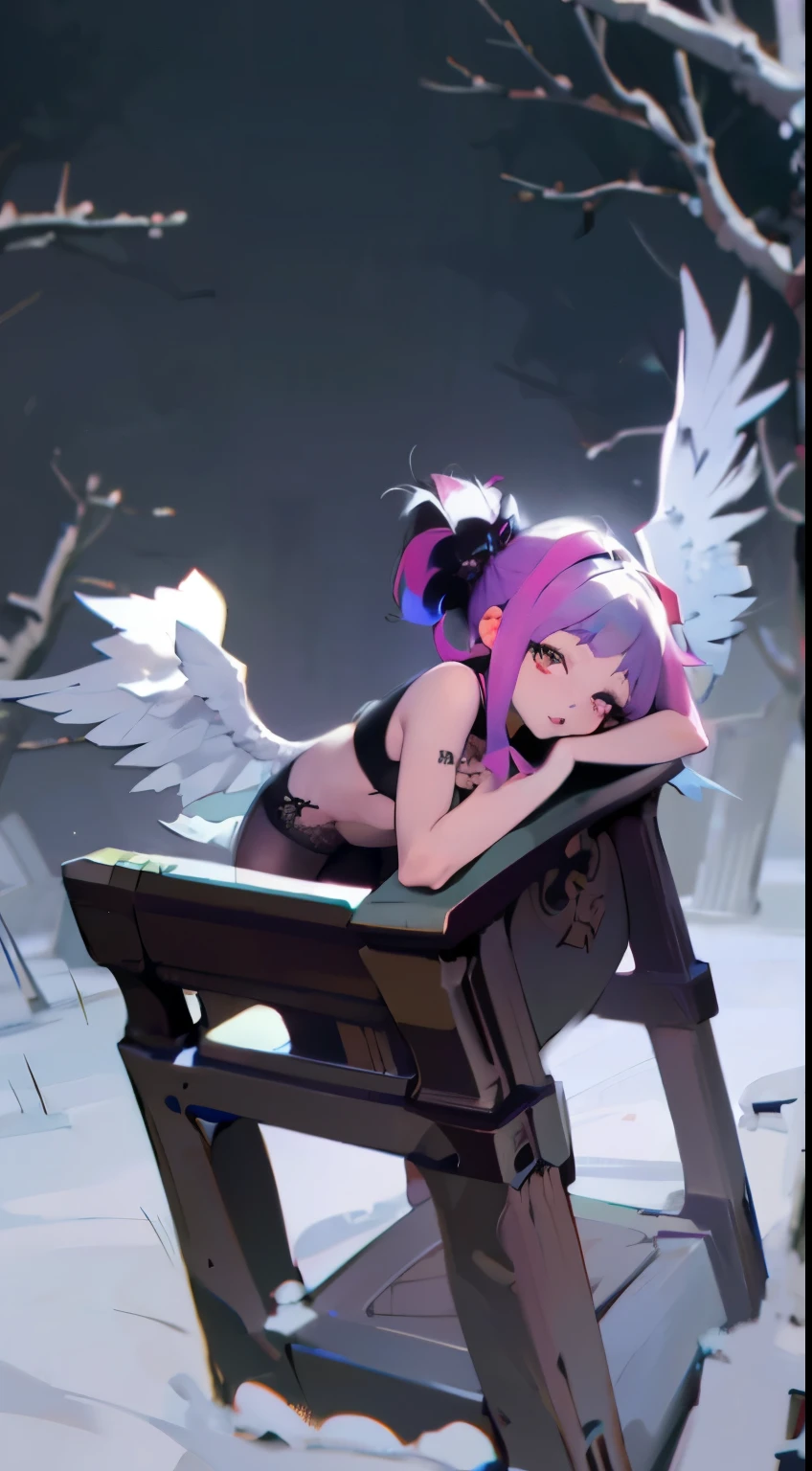 Anime style better quality possible, rocker girl, angelic innocent face, gothic style, multicolored hair, black lips, earings, arms tattoed, legs tattoed, wearing only a black lace bra and black lace panties medium perfect breasts, perfect body, black boots she sits in stone chair in cemetery, night, moon, tree with owl,