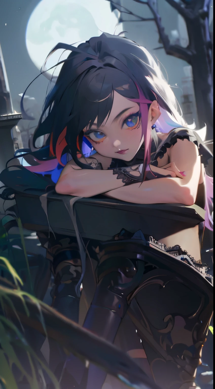 Anime style better quality possible, rocker girl, angelic innocent face, gothic style, multicolored hair, black lips, earings, arms tattoed, legs tattoed, wearing only a black lace bra and black lace panties medium perfect breasts, perfect body, black boots she sits in stone chair in cemetery, night, moon, tree with owl,