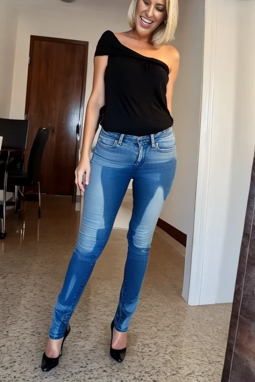 tall thin attractive blonde woman with long legs, blue eyes, messy bob hair, wavy shoulder length hair, tight white blouse and skinny jeans, black high heel pumps, ((show heels)), inviting smile, (peeing self), ((shins wet with pee)), ((jeans gleaming wet with pee)), standing in puddle of pee, (((pee pouring from crotch of jeans))), standing in an office