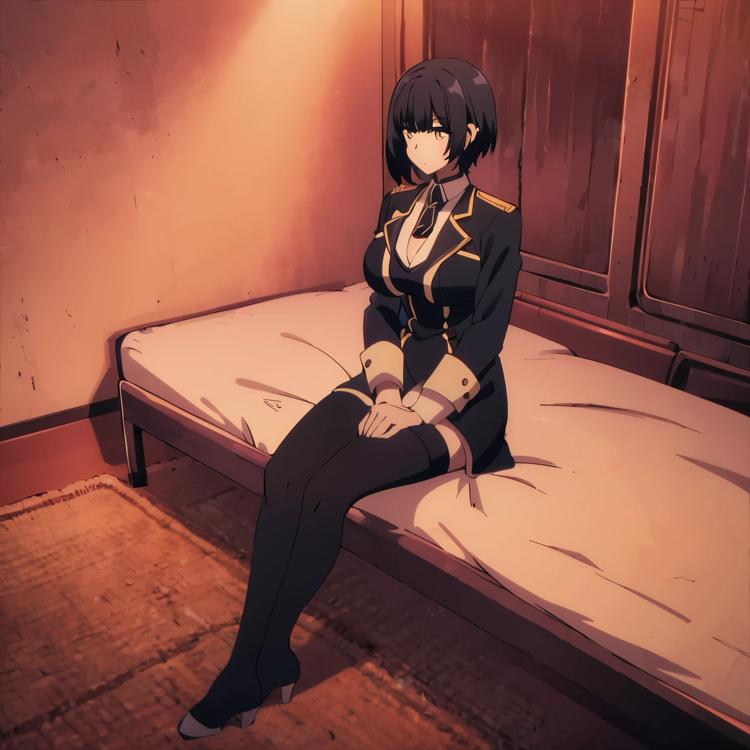 ((Solo, 1 female)) (masterpiece) Black hair, Yellow Eyes, Black and white suit, black stockings, sitting on bed, Big Breasts