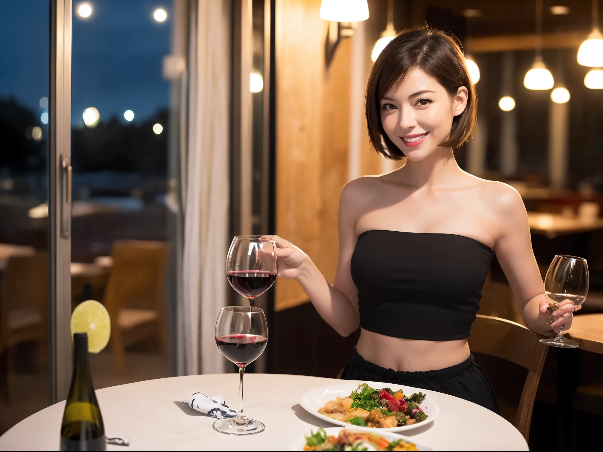 (64k uhd, nffsw, of the highest quality, masutepiece: 1.2), (Realistic, Photorealistic: 1.37), Pretty Woman 1, (Slim Face), (slimボティ), (Brown hair), (short-cut), Americana、Frenchman、cheeks blush a little, (40 years old), 38 years, Solo, A beautiful and detailed night view spreads out outside the window......, restaurant, wine glassesに座って, At night, In a prominent place (from waist up) NovaFrogStyle, actress, Model, waist-up, white wine, slim, wine glasses, Super clean night view, 真ん中に置かれたwine glasses, Happy smile, (Smile: 1.15), Beautiful fine eyes, Upper body, Bust Japan Up, Night, Short, Short, actress, Model, waist-up, white wine, slim, wine glasses, Super clean night view, 真ん中に置かれたwine glasses, Happy smile,