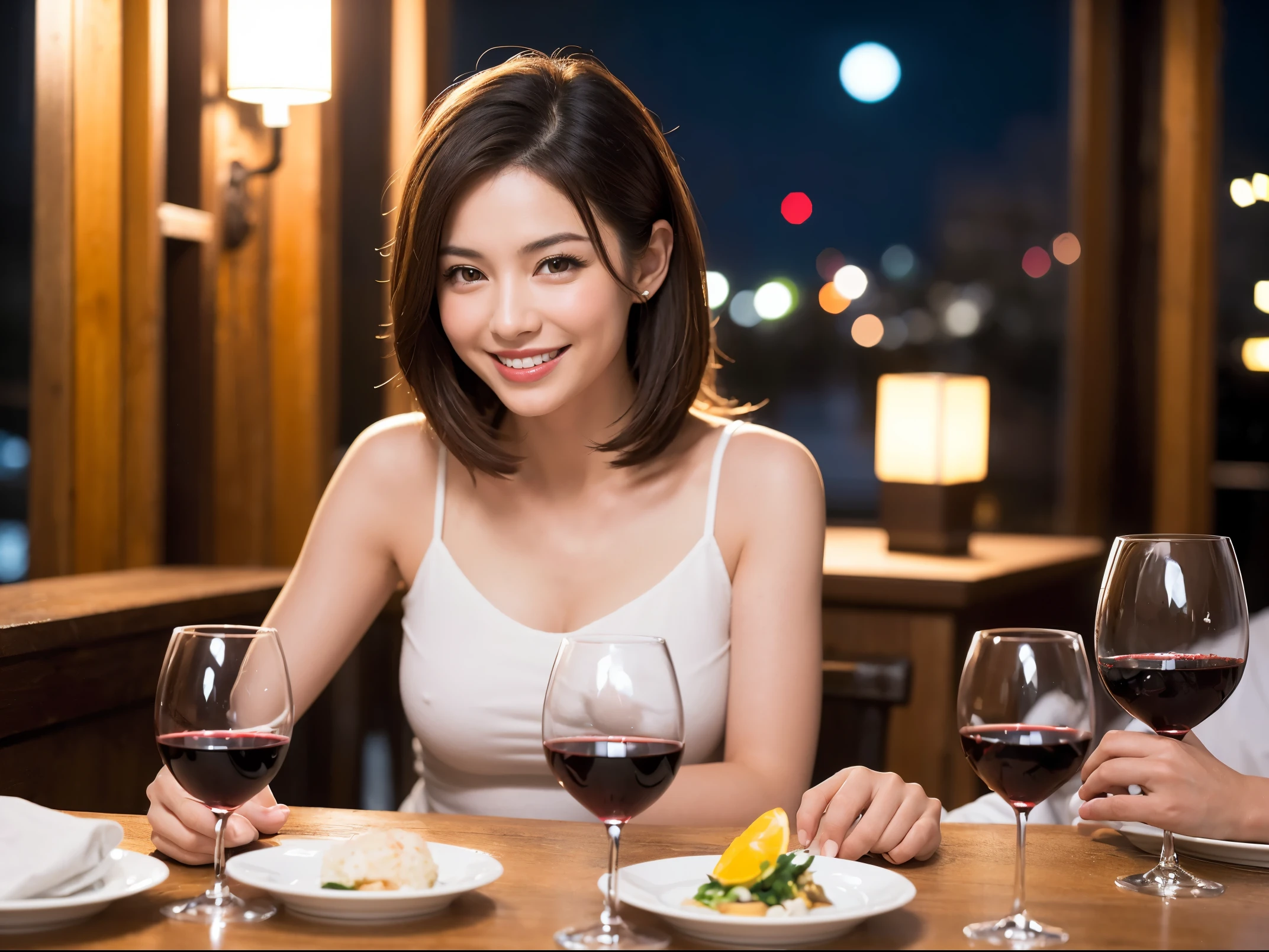 (64k uhd, nffsw, of the highest quality, masutepiece: 1.2), (Realistic, Photorealistic: 1.37), Pretty Woman 1, (Slim Face), (slimボティ), (Brown hair), (short-cut), Americana、Frenchman、cheeks blush a little, (40 years old), 38 years, Solo, A beautiful and detailed night view spreads out outside the window......, restaurant, wine glassesに座って, At night, In a prominent place (from waist up) NovaFrogStyle, actress, Model, waist-up, white wine, slim, wine glasses, Super clean night view, 真ん中に置かれたwine glasses, Happy smile, (Smile: 1.15), Beautiful fine eyes, Upper body, Bust Japan Up, Night, Short, Short, actress, Model, waist-up, white wine, slim, wine glasses, Super clean night view, 真ん中に置かれたwine glasses, Happy smile,