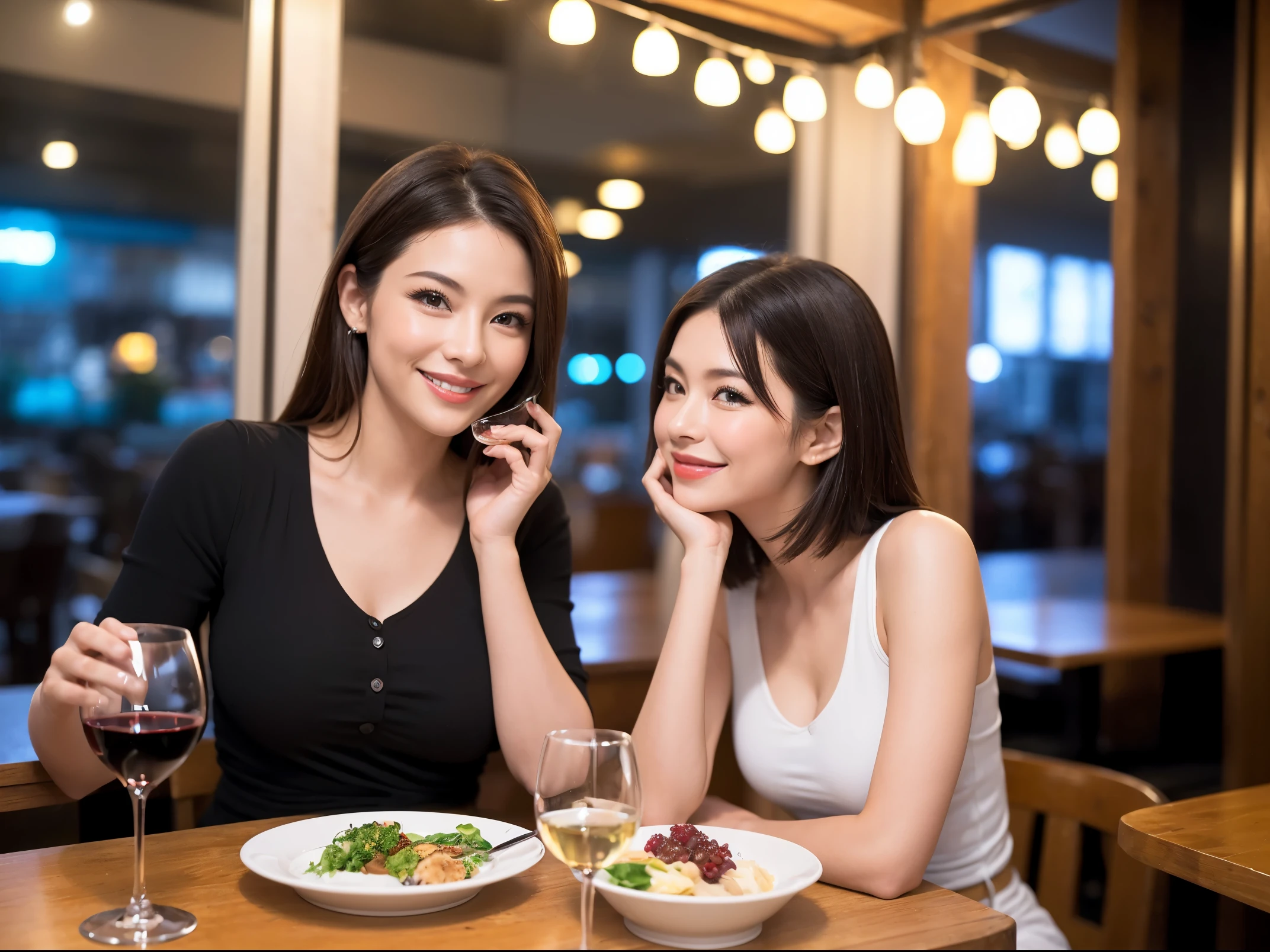 (64k uhd, nffsw, of the highest quality, masutepiece: 1.2), (Realistic, Photorealistic: 1.37), Pretty Woman 1, (Slim Face), (slimボティ), (Brown hair), (short-cut), Americana、Frenchman、cheeks blush a little, (40 years old), 38 years, Solo, A beautiful and detailed night view spreads out outside the window......, restaurant, wine glassesに座って, At night, In a prominent place (from waist up) NovaFrogStyle, actress, Model, waist-up, white wine, slim, wine glasses, Super clean night view, 真ん中に置かれたwine glasses, Happy smile, (Smile: 1.15), Beautiful fine eyes, Upper body, Bust Japan Up, Night, Short, Short, actress, Model, waist-up, white wine, slim, wine glasses, Super clean night view, 真ん中に置かれたwine glasses, Happy smile,