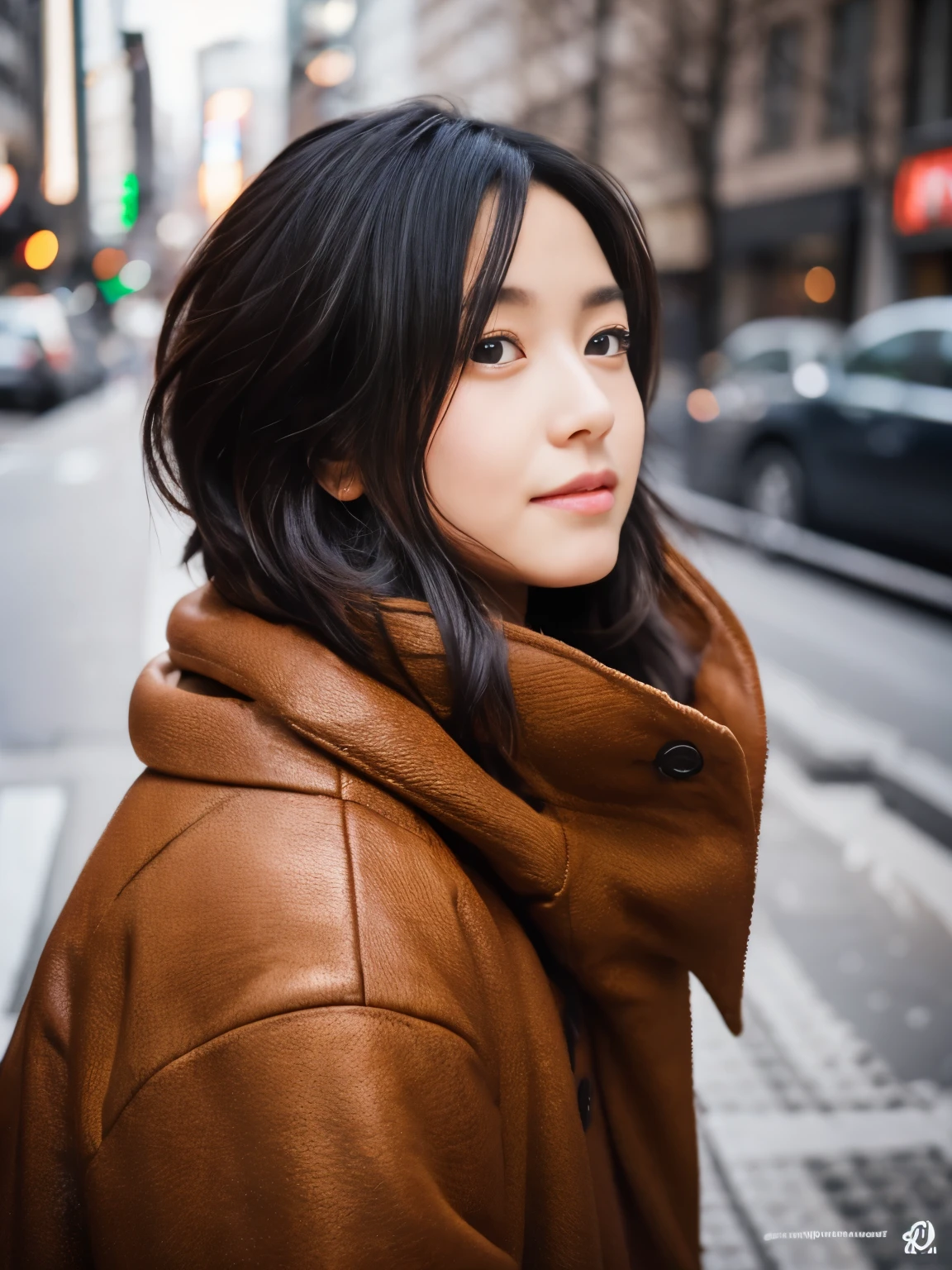 Photorealsitic, 8K, Full body portrait, Beautuful Women, A charming expression, Shorthair, 18year old, TOKYOcty, Winters, Shibuya in the background