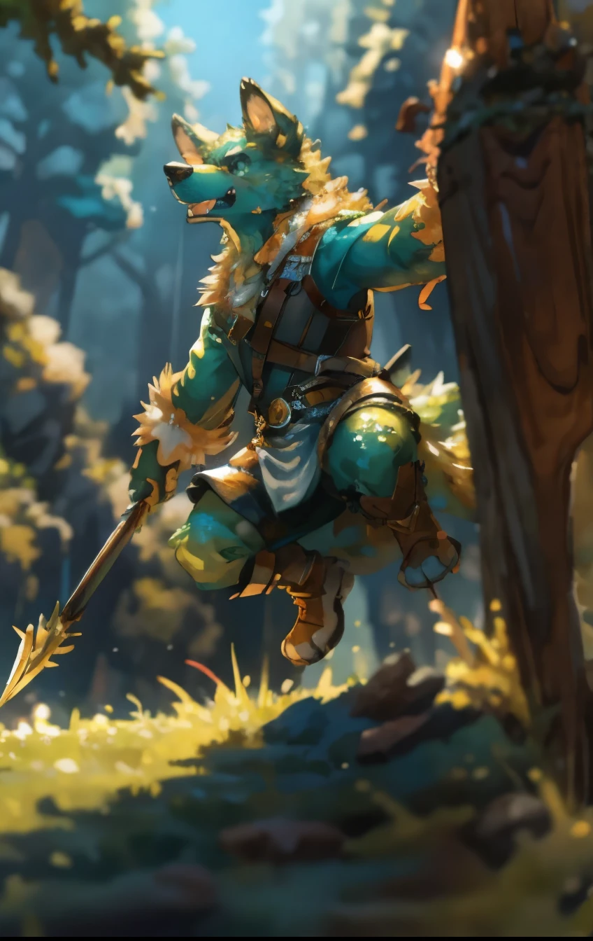 cover_page, highres, absurdres(masterpiece, top quality, best quality)Illustration of an adorable 4-foot-tall character, bearing animal features, detailed fur covering its entire body, with animal paws, ears, tail, and snout, jumping high in the air, viewed from a low angle, wielding a hammer much larger than its own height. The character is in full color, set against a backdrop of a grassland with moss-covered rocks. The character’s facial expression is fierce, depicting the intensity of a battle,