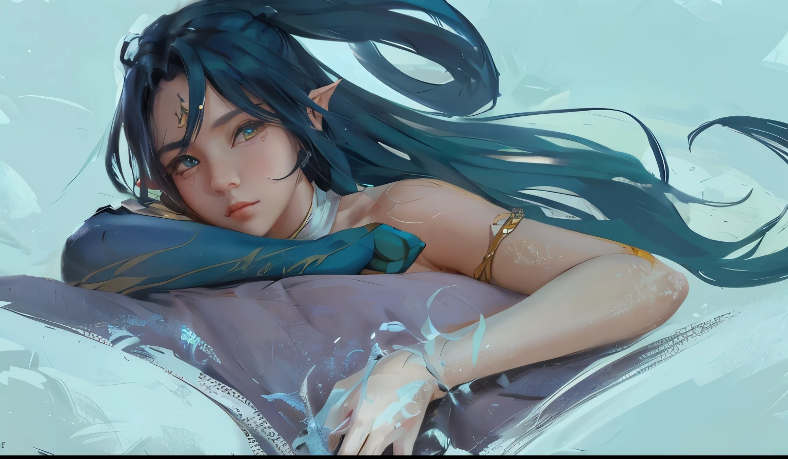 anime girl with long hair laying on a pillow with her arm on her chest, artwork in the style of guweiz, artgerm and atey ghailan, artgerm on artstation pixiv, guweiz, guweiz on artstation pixiv, ! dream artgerm, wlop rossdraws, portrait knights of zodiac girl