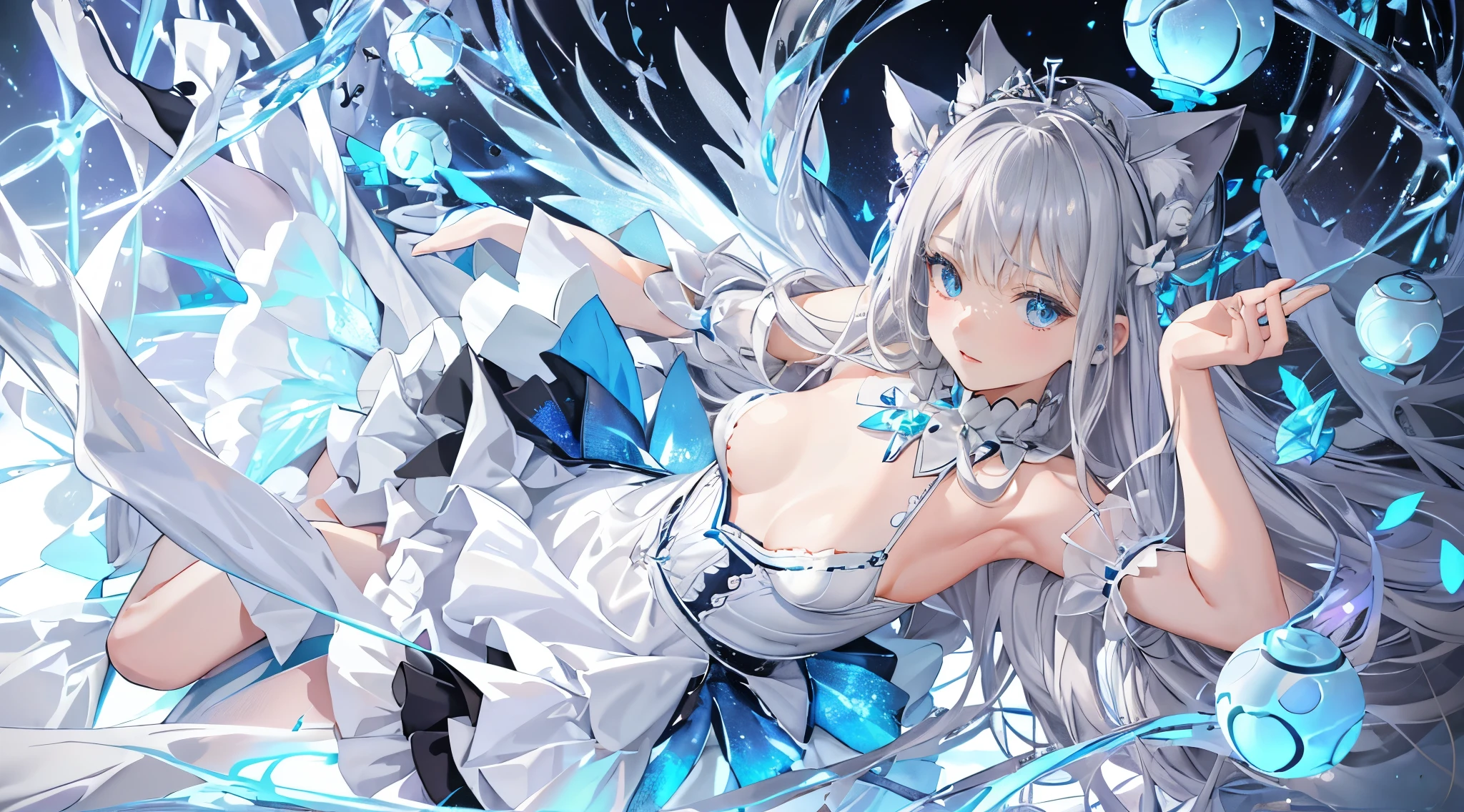 (fairy wings:1.1), (silver wings:1.1), 1 fairy, iolite eyes, silver hair, long hair, expressionless, (bioluminescence:1.1), (frilled collar:1.1), deepblue fairy dress, dancing, petal, vast purewhite flower field, (silvery moonlight pouring down:1.1), sharp focus, looking at viewer, cowboy shot, (intricate:1.1), (purewhite theme:1.2), (purewhite tone:1.2), (silver tone:1.2), illustration, more_details:1.5,[(WHITE BACKGROUND:1.5),::5] HEXAGON,blue eyes,head dress,leg dress,cute little,cat ear,Maid costume, idol costume, or swimsuit,Fluffy skirt,Very good style、4K Ultra