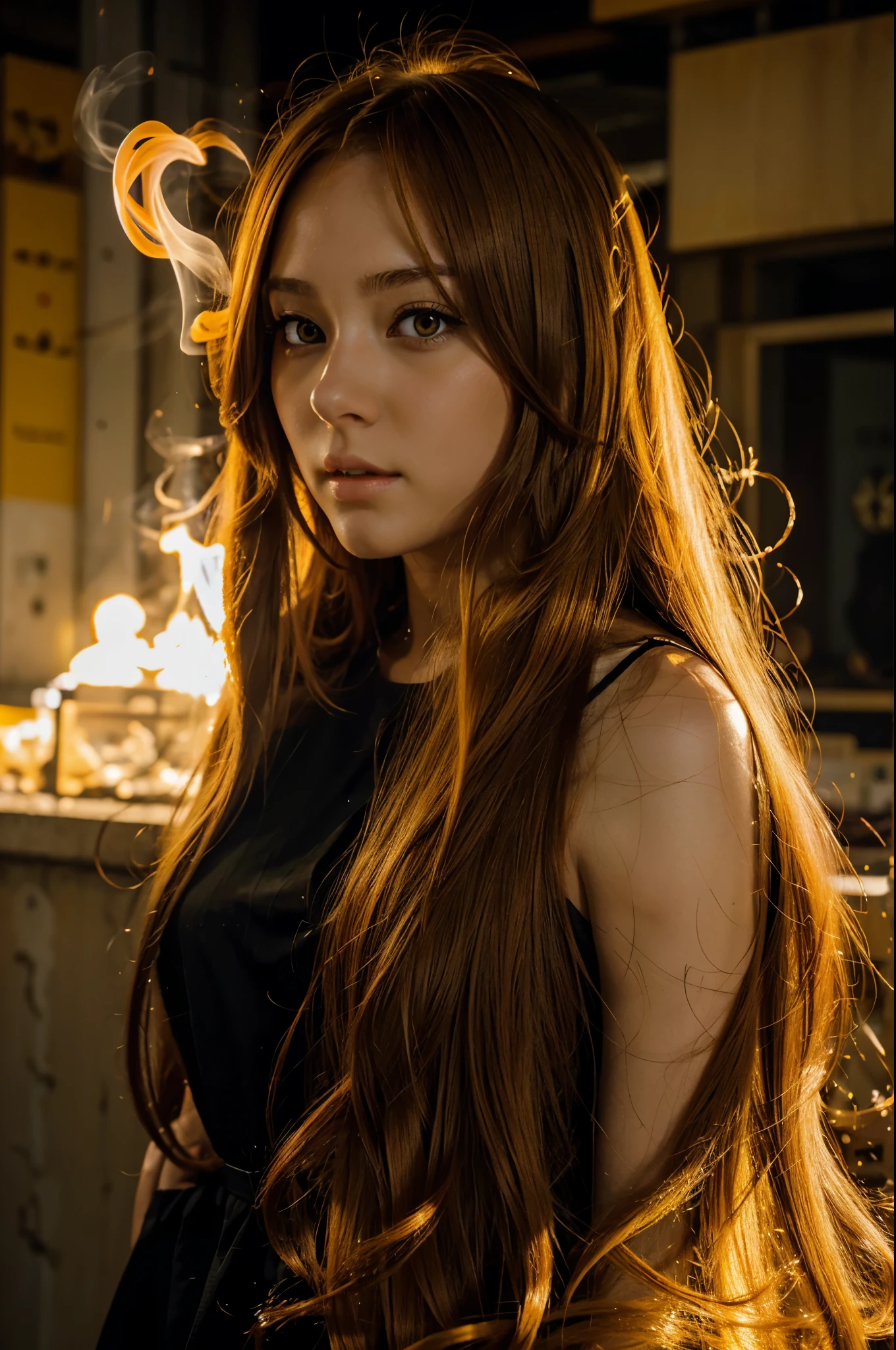 Anime girl, orange long hair, yellow eyes, hair flowing in the wind. Smoking. Yellow aesthetic