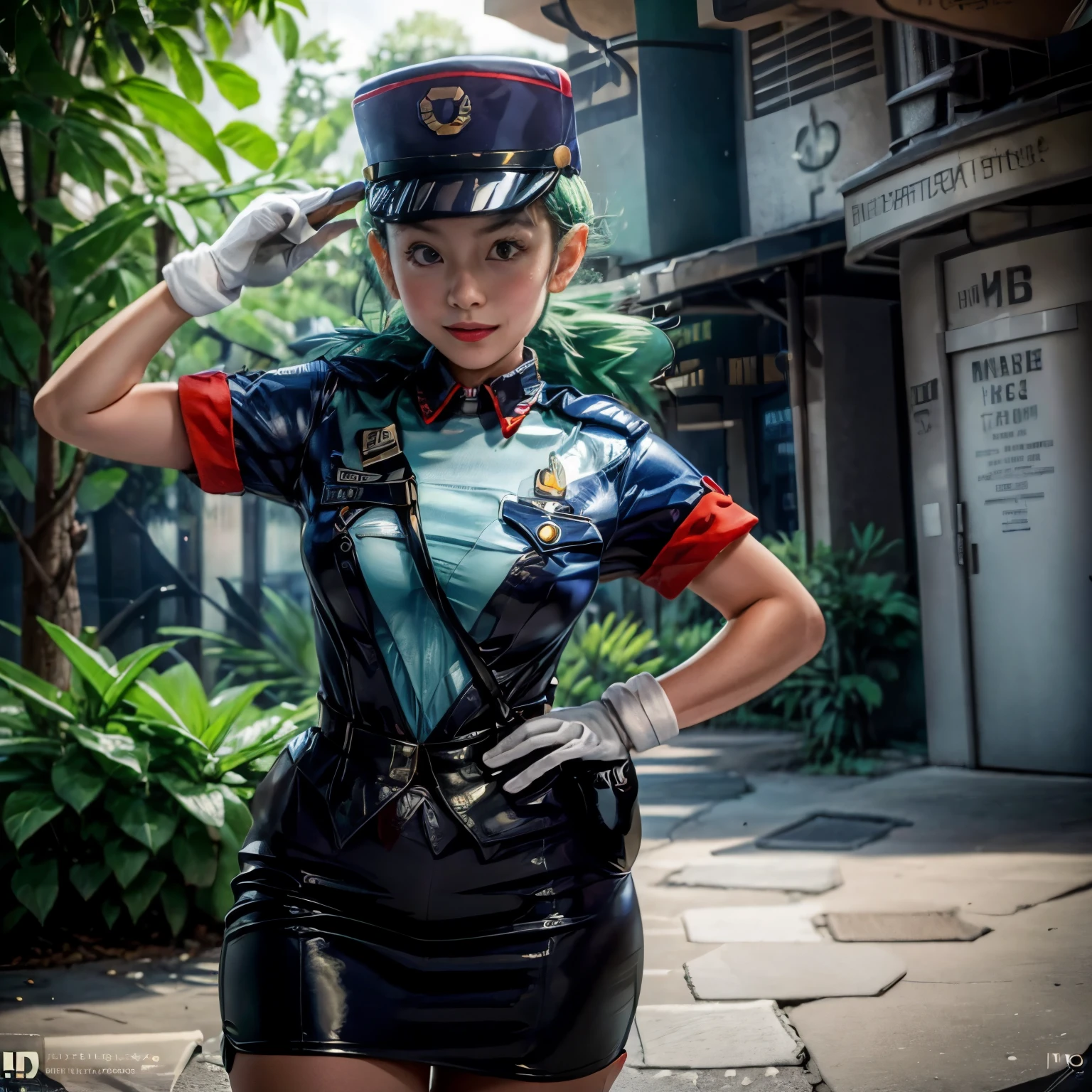 a girl, Officer Jenny((pokemon)), 1 girl, pokemon police officer uniform, wearing cap, green long hair, earing white gloves, photorealistic photo, perfectly lit environment, best shot, UHD, retina, ccurate, masterpiece, anatomically correct, textured skin, high details, super detail, high quality, award winning, highres, best quality, 1080P, HD, cute looking, cute smile, beautiful, 1 girl, tight clothes, sexy, curves.