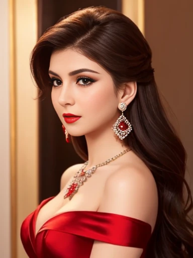 Lebanese lady, diamond dangling earrings, necklace, bracelets, small breasts, red lips, smokey eyes, red long satin dress, sad, hot, off shoulder, sleeveless, red cheeks, blush, side swept hair style, cleavages, radiant skin