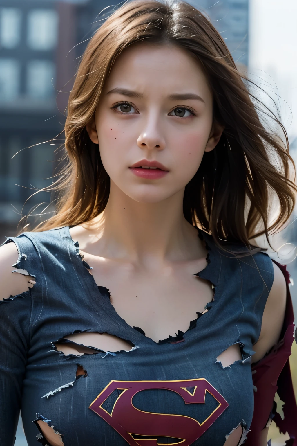 melissa Benoist, 8k, best quality, real image, intricate detail, ultra-detail, ultra-high resolution, depth field, (realistic, realistic: 1.2), masterpiece, photo 1girl, supergirl, injured, superhero, realistic, torn clothes, red kimono, (dirty, bruised, blood: 1.3), blue eyes, blonde, long hair, serious, angry, solo, (exposed torn clothes, torn clothes: 1.3), ruined city background, best quality, realistic, Realism, (complex details: 1.2), (fine details), (movie light), clear lines, sharp focus, realistic face, detailed beautiful face