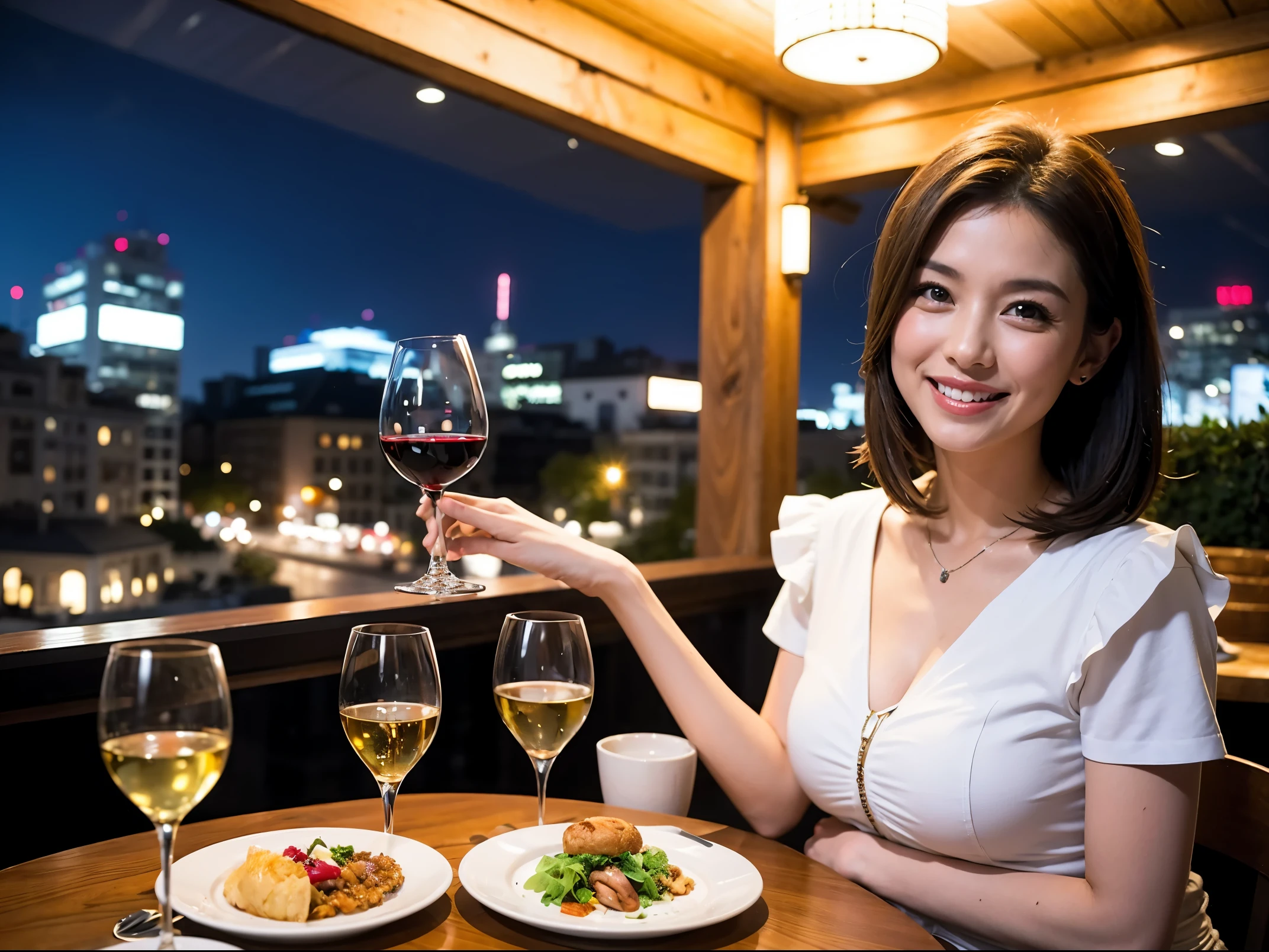(64k uhd, nffsw, of the highest quality, masutepiece: 1.2), (Realistic, Photorealistic: 1.37), Pretty Woman 1, (Slim Face), (slimボティ), (Brown hair), (short-cut), Americana、Frenchman、cheeks blush a little, (40 years old), 38 years, Solo, A beautiful and detailed night view spreads out outside the window......., restaurant, wine glassesに座って, At night, In a prominent place (from waist up) NovaFrogStyle, actress, Model, waist-up, white wine, slim, wine glasses, Super clean night view, 真ん中に置かれたwine glasses, Happy smile, (Smile: 1.15), Beautiful fine eyes, Upper body, Bust Japan Up, Night, Short, Short, actress, Model, waist-up, white wine, slim, wine glasses, Super clean night view, 真ん中に置かれたwine glasses, Happy smile,