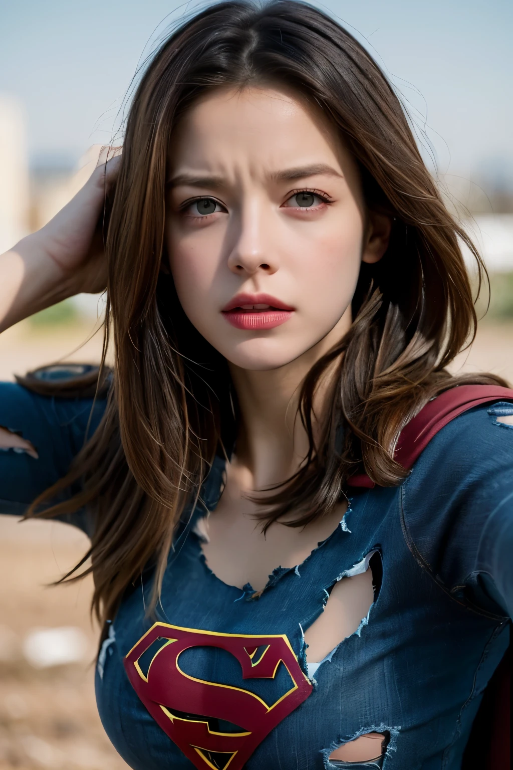 melissa Benoist, 8k, best quality, real image, intricate detail, ultra-detail, ultra-high resolution, depth field, (realistic, realistic: 1.2), masterpiece, photo 1girl, supergirl, injured, superhero, realistic, torn clothes, red kimono, (dirty, bruised, blood: 1.3), blue eyes, blonde, long hair, serious, angry, solo, (exposed torn clothes, torn clothes: 1.3), ruined city background, best quality, realistic, Realism, (complex details: 1.2), (fine details), (movie light), clear lines, sharp focus, realistic face, detailed beautiful face