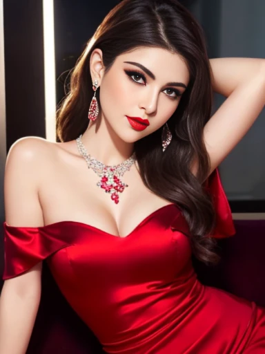Lebanese lady, diamond dangling earrings, necklace, bracelets, small , red lips, smokey eyes, red long satin dress, sad, hot, off shoulder, sleeveless, red cheeks, blush, side swept hair style, cleavagant skin, dark party with neonts
