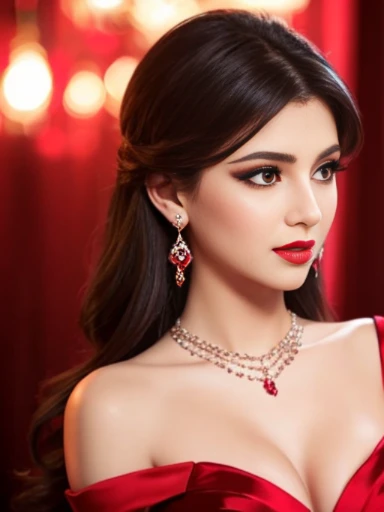 Lebanese lady, diamond dangling earrings, necklace, bracelets, small breasts, red lips, smokey eyes, red dress, sad, hot, off shoulder, sleeveless, red cheeks, blush