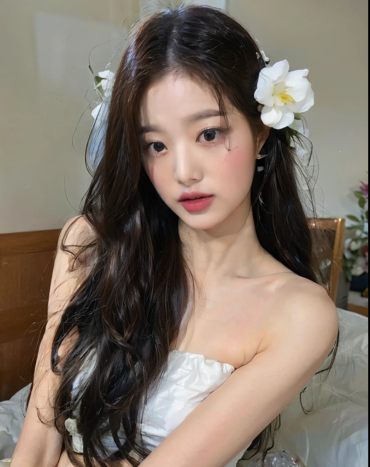 (1girl:1.3), solo, __body-parts__, Kim Ji-ni Jennie face, wearing a white slip dress, cute