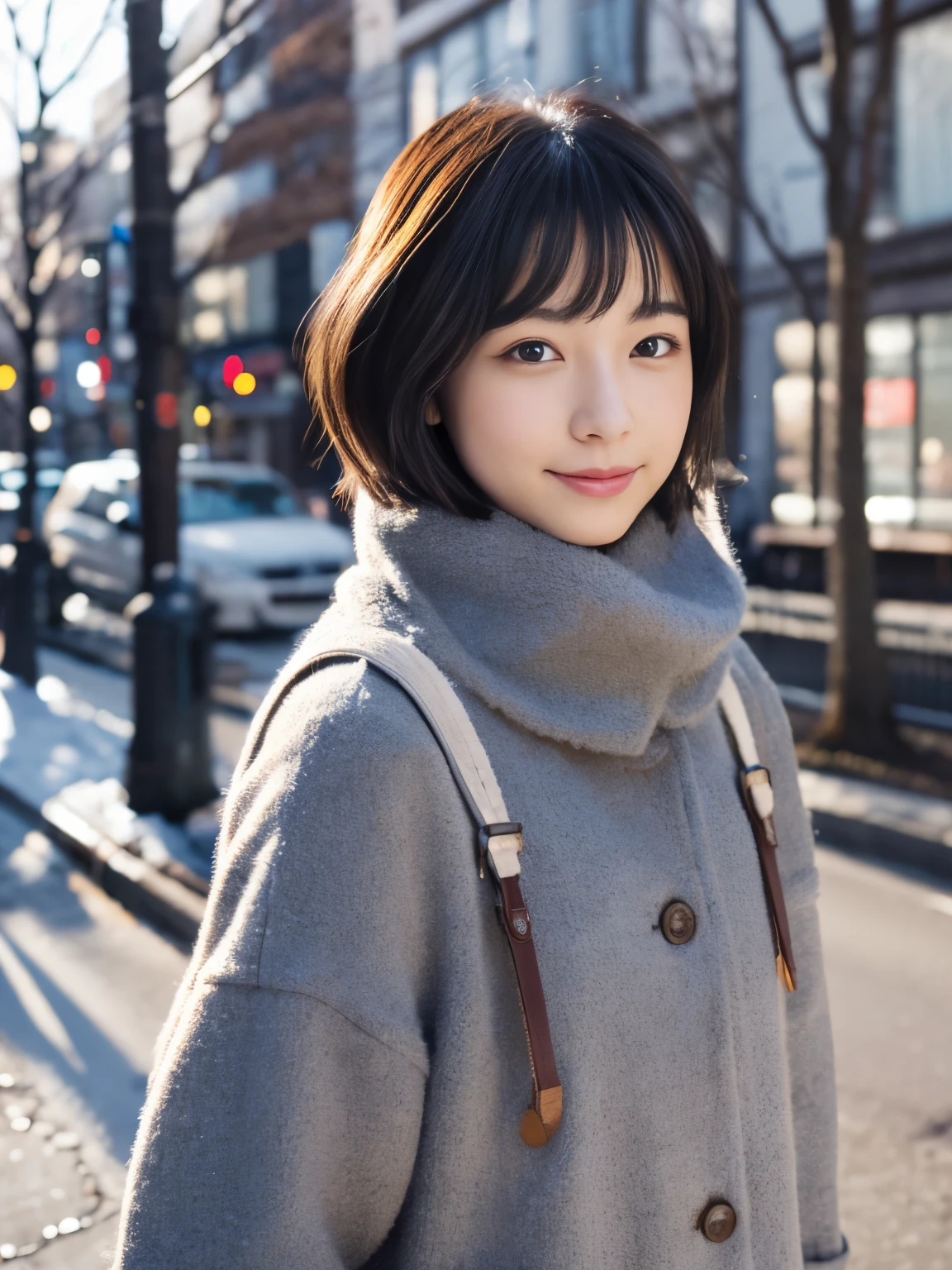 Photorealsitic, 8K, Full body portrait, Beautuful Women, A charming expression, Shorthair, 20yr old, TOKYOcty, Winters, Shibuya in the background