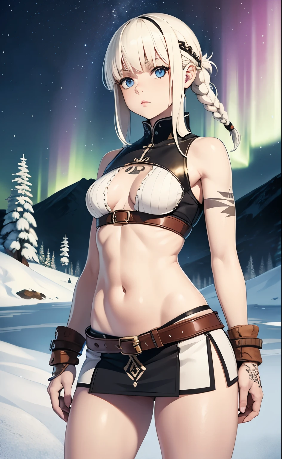 Nordic girl, albino, blonde, dreads, side-cut hair, animal skin mini skirt, animal skin crop top, Viking tattoos, low waist, small breasts, tiny breasts, flat breasts, visible navel, shapely legs, thick legs , long legs, northern lights, mountain in the background, snow