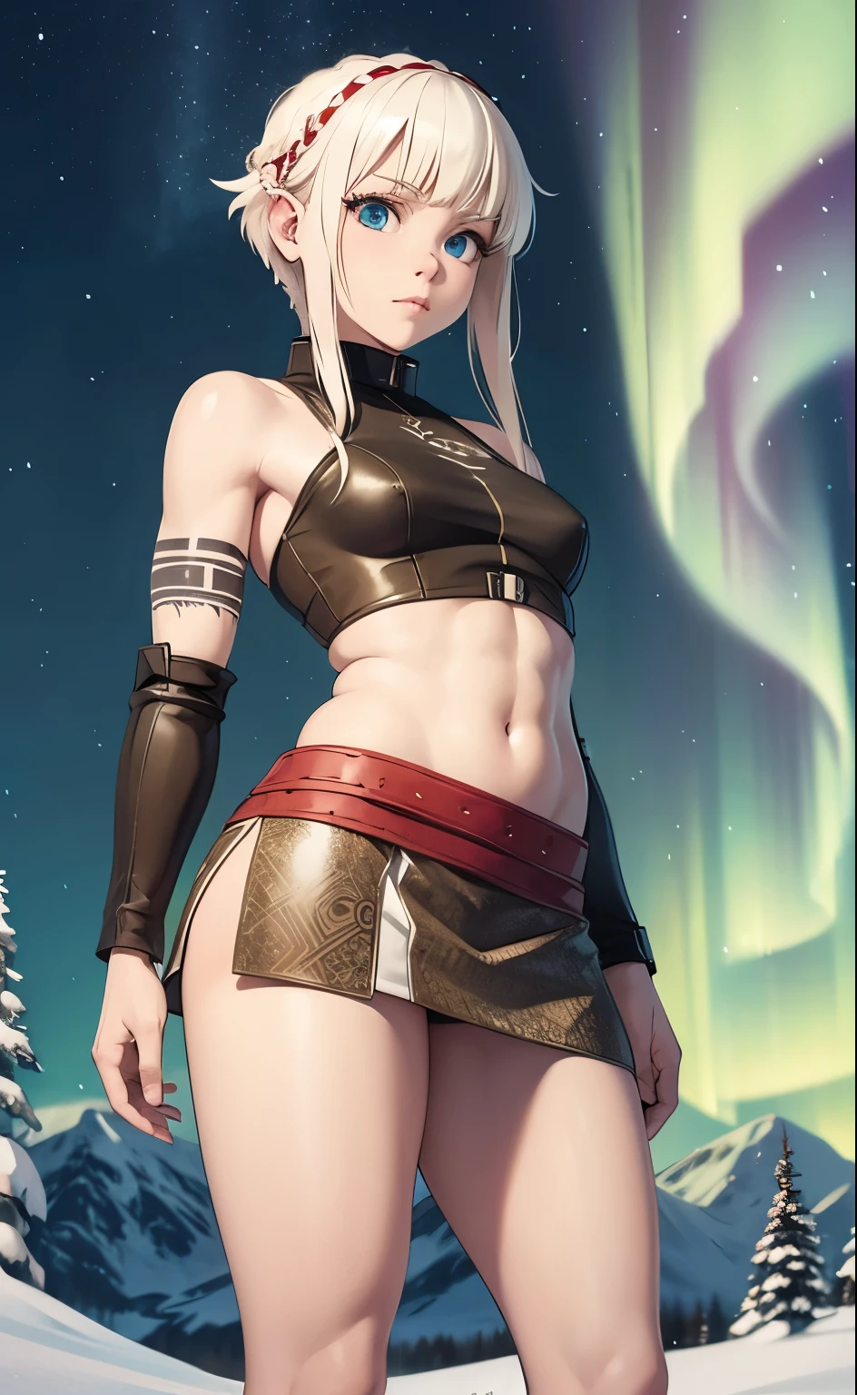 Nordic girl, albino, blonde, dreads, side-cut hair, animal skin mini skirt, animal skin crop top, Viking tattoos, low waist, small breasts, tiny breasts, flat breasts, visible navel, shapely legs, thick legs , long legs, northern lights, mountain in the background, snow