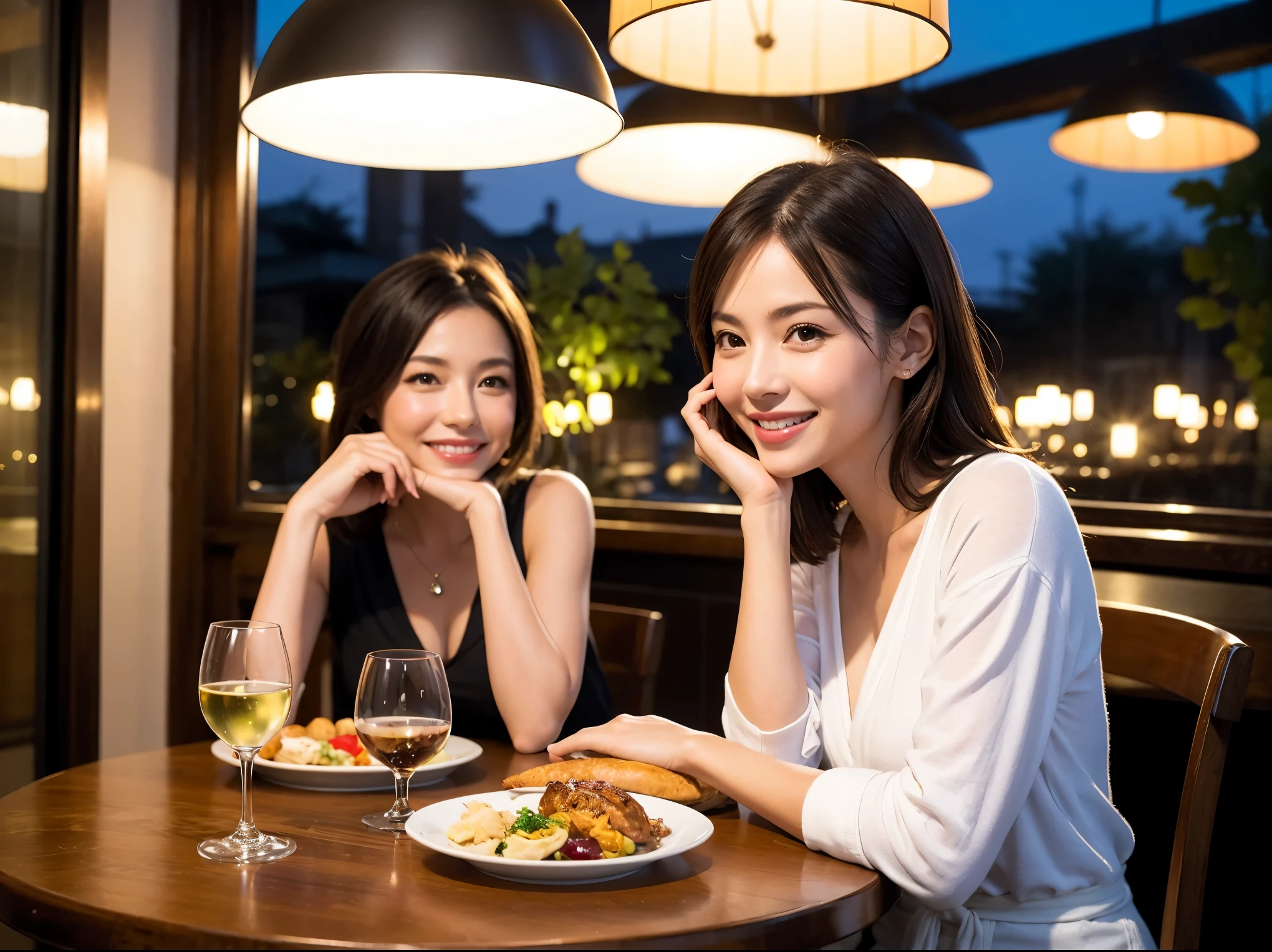 (64k uhd, nffsw, of the highest quality, masutepiece: 1.2), (Realistic, Photorealistic: 1.37), Pretty Woman 1, (Slim Face), (slimボティ), (Brown hair), (short-cut), Americana、Frenchman、cheeks blush a little, (40 years old), 38 years, Solo, A beautiful and detailed night view spreads out outside the window......., restaurant, wine glassesに座って, At night, In a prominent place (from waist up) NovaFrogStyle, actress, Model, waist-up, white wine, slim, wine glasses, Super clean night view, 真ん中に置かれたwine glasses, Happy smile, (Smile: 1.15), Beautiful fine eyes, Upper body, Bust Japan Up, Night, Short, Short, actress, Model, waist-up, white wine, slim, wine glasses, Super clean night view, 真ん中に置かれたwine glasses, Happy smile,
