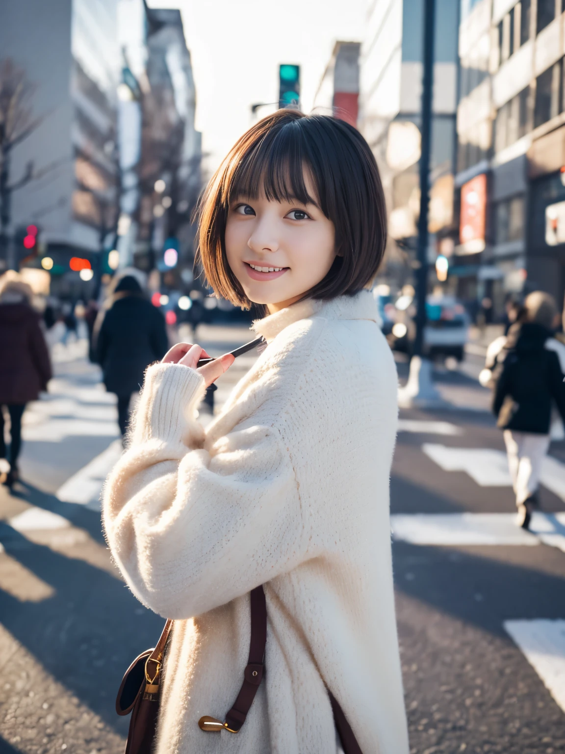 Photorealsitic, 8K, Full body portrait, Beautuful Women, A charming expression, Shorthair, 20yr old, TOKYOcty, Winters, Shibuya in the background