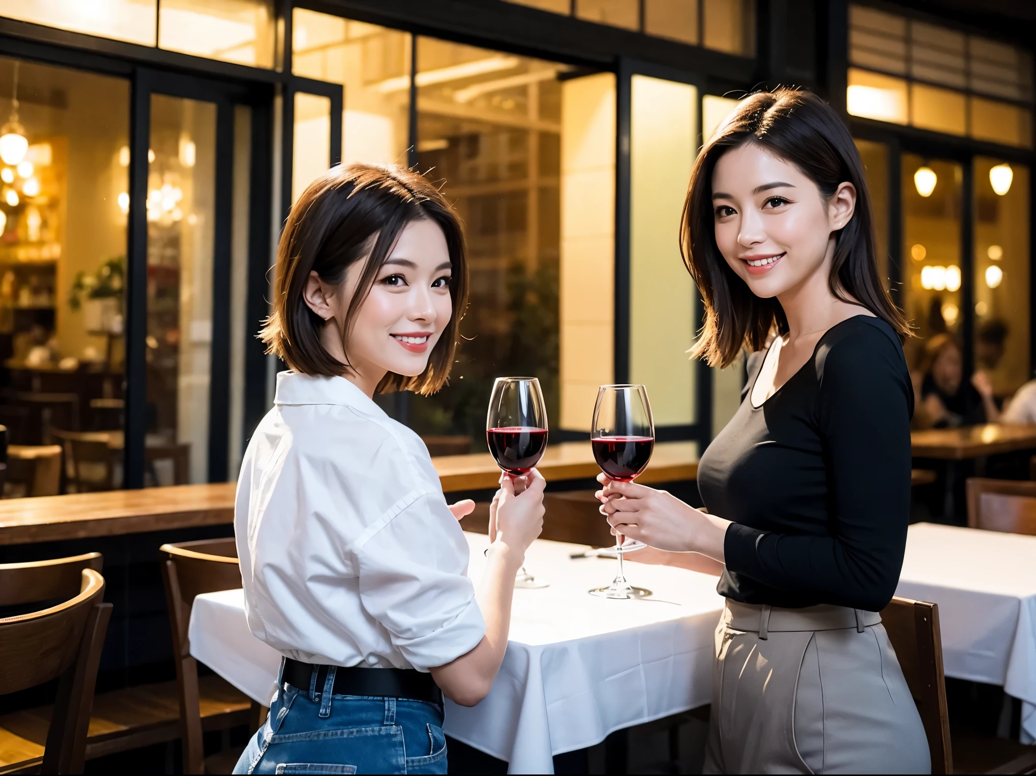 (64k uhd, nffsw, of the highest quality, masutepiece: 1.2), (Realistic, Photorealistic: 1.37), Pretty Woman 1, (Slim Face), (slimボティ), (Brown hair), (short-cut), Americana、Frenchman、cheeks blush a little, (40 years old), 38 years, Solo, A beautiful and detailed night view spreads out outside the window......., restaurant, wine glassesに座って, At night, In a prominent place (from waist up) NovaFrogStyle, actress, Model, waist-up, white wine, slim, wine glasses, Super clean night view, 真ん中に置かれたwine glasses, Happy smile, (Smile: 1.15), Beautiful fine eyes, Upper body, Bust Japan Up, Night, Short, Short, actress, Model, waist-up, white wine, slim, wine glasses, Super clean night view, 真ん中に置かれたwine glasses, Happy smile,