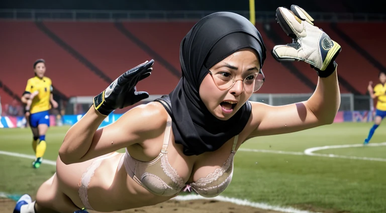 (((1woman))),(((solo woman))), Photo of a mature malay female with saggy breasts,((((diving))))) & (((catching the ball))) in the middle of(soccer field), 40yo,busty body, tall body, tanned skin, dimples, light, detailed face, embarrassed face, ((looking disgusted)), ((very angry)), (dissapointed), ((hands raised up)),perfect breasts, big breasts, natural breasts, G cup, (((brown hijab))),(((glasses))), (((sorella underwear))), (nude), (((sorella bra))), (((sorella panties))), (((goalkeeper gloves))), (sweat)