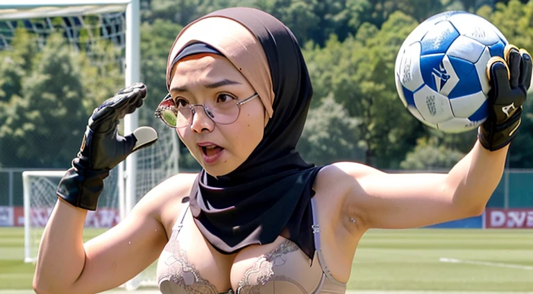 (((1woman))),(((solo woman))), Photo of a mature malay female with saggy breasts,((((diving))))) & (((catching the ball))) in the middle of(soccer field), 40yo,busty body, tall body, tanned skin, dimples, light, detailed face, embarrassed face, ((looking disgusted)), ((very angry)), (dissapointed), ((hands raised up)),perfect breasts, big breasts, natural breasts, G cup, (((brown hijab))),(((glasses))), (((sorella underwear))), (nude), (((sorella bra))), (((sorella panties))), (((goalkeeper gloves))), (sweat)