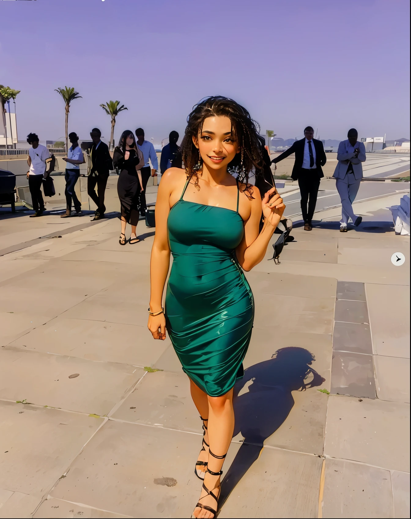 there is a woman in a green dress walking on a sidewalk, full body green dress, she wears a dark green dress, green dress, belly free teal dress, 25-year-old, tight dress, full body photogenic shot, she is about 2 0 years old, she is about 20 years old