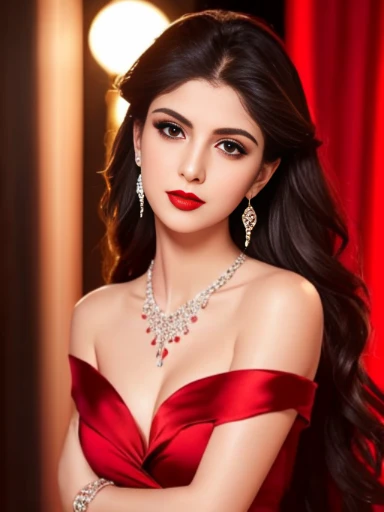 Lebanese lady, diamond dangling earrings, necklace, bracelets, small breasts, red lips, smokey eyes, red long satin dress, sad, hot, off shoulder, sleeveless, red cheeks, blush, side swept hair style, cleavages, radiant skin, dark party with neon lights, shy, embarrassed