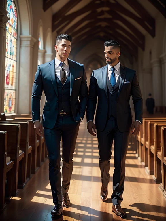 k hd,8K分辨率,professional photoshooting,profesional lighting,two very attractive men,30 age old,Big handsome guy,Blue eyeearded,Brush cut,(ssmile),tall, cool and handsome,cool guy,Two people walking together,Soulful gaze,elegant suit,Impressive appearance,In a luxurious and modern cathedral,The church is full of people,The atmosphere was convivial, perfect and highlight moments of their lives,HUItra cannon,细节Exquisite完美,best quality,Exquisite,The is very detailed。超高分辨率,complex detailed detailed,physically-based renderingt,Good balance,edge lit,lock focus,Realistic photos,photorealistic art,HighDynamicRange,realistic model