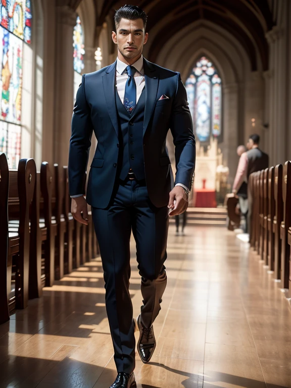 k hd,8K分辨率,professional photoshooting,profesional lighting,two very attractive men,30 age old,Big handsome guy,Blue eyeearded,Brush cut,(ssmile),tall, cool and handsome,cool guy,Two people walking together,Soulful gaze,elegant suit,Impressive appearance,In a luxurious and modern cathedral,The church is full of people,The atmosphere was convivial, perfect and highlight moments of their lives,HUItra cannon,细节Exquisite完美,best quality,Exquisite,The is very detailed。超高分辨率,complex detailed detailed,physically-based renderingt,Good balance,edge lit,lock focus,Realistic photos,photorealistic art,HighDynamicRange,realistic model