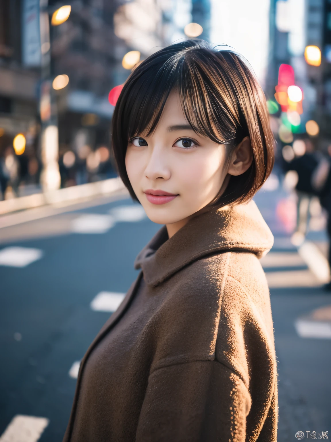 Photorealsitic, 8K, Full body portrait, Beautuful Women, A charming expression, Shorthair, 20yr old, TOKYOcty, Winters, Shibuya in the background