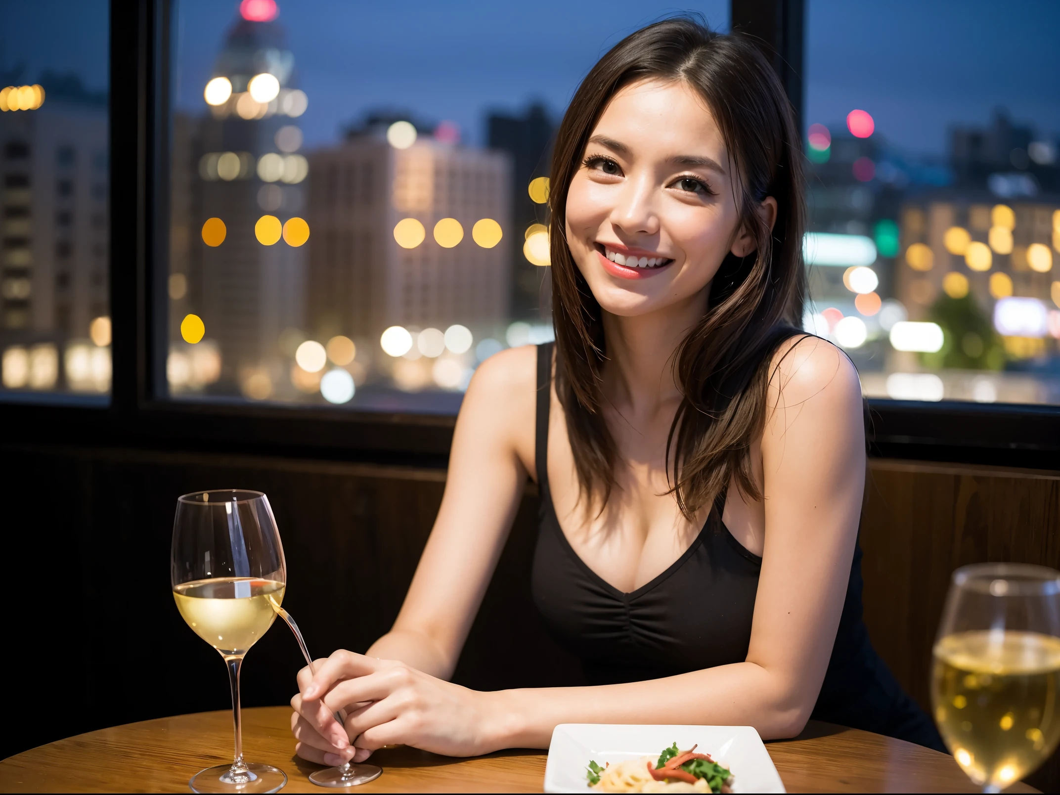 (64k uhd, nffsw, of the highest quality, masutepiece: 1.2), (Realistic, Photorealistic: 1.37), Pretty Woman 1, (Slim Face), (slimボティ), (Brown hair), (short-cut), Dutchman、Americana、Frenchman、cheeks blush a little, (40 years old), 38 years, Solo, A beautiful and detailed night view spreads out outside the window......., restaurant, wine glassesに座って, At night, In a prominent place (from waist up) NovaFrogStyle, actress, Model, waist-up, white wine, slim, wine glasses, Super clean night view, 真ん中に置かれたwine glasses, Happy smile, (Smile: 1.15), Beautiful fine eyes, Upper body, Bust Japan Up, Night, Short, Short, actress, Model, waist-up, white wine, slim, wine glasses, Super clean night view, 真ん中に置かれたwine glasses, Happy smile,