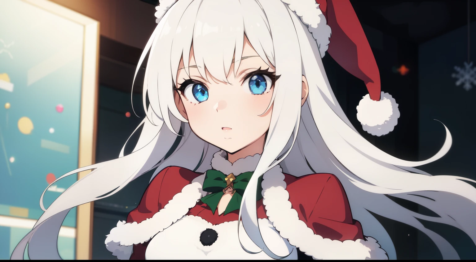 A girl dressed in a Christmas costume, white hair, blue eyes, 2D anime