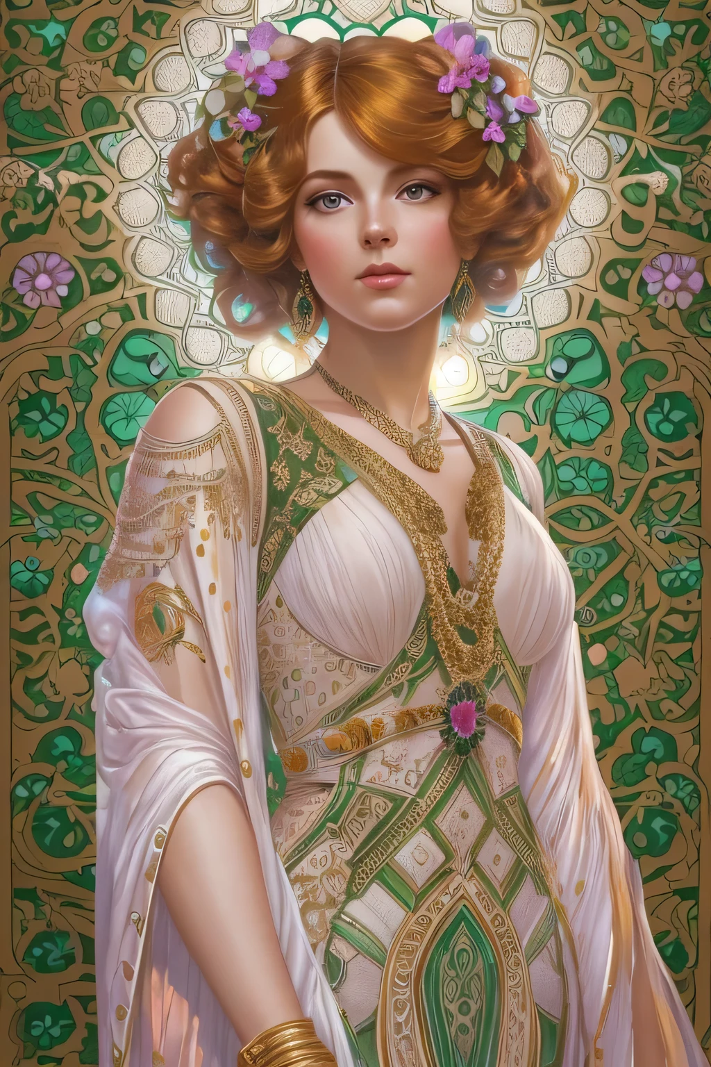 art deco - middle aged augmented buxom pale voluptuos full figured white woman in glossy iridescent outfit, full body, G-cups , cover, hyperdetailed painting, luminism, Bar lighting, complex, 4k resolution concept art portrait by Greg Rutkowski, Artgerm, WLOP, Alphonse Mucha, little fusion pojatti realistic steampunk, fractal isometrics details bioluminescens : a stunning realistic photograph 30 years , redhead, italian goddness beautiful awesome with big white flowers , 3d render, octane render, intricately detailed, , cinematic, trending on artstation | Isometric | Centered hipereallistic cover photo awesome full color, hand drawn, dark, gritty, realistic mucha, klimt, erte .12k, intricate. hit definition , cinematic,, mix of bold dark lines and loose lines, bold lines, on , full body with velvet dress, humanoid, Full body.