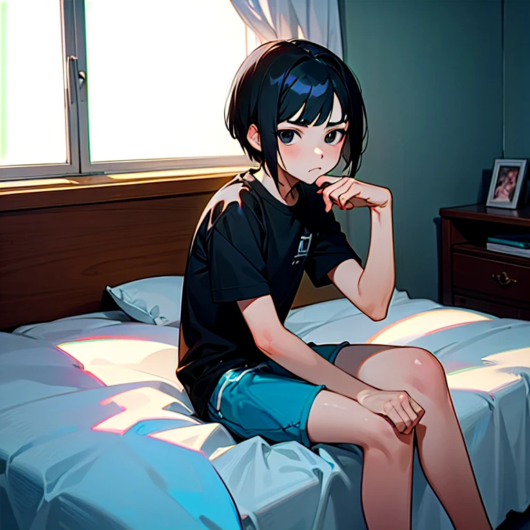 masterpiece, best quality, 1boy, solo, child, straight hair, very short hair, short bangs, black hair, black eyes, black t-shirt, blue shorts, sitting on bed, looking at viewer, frown