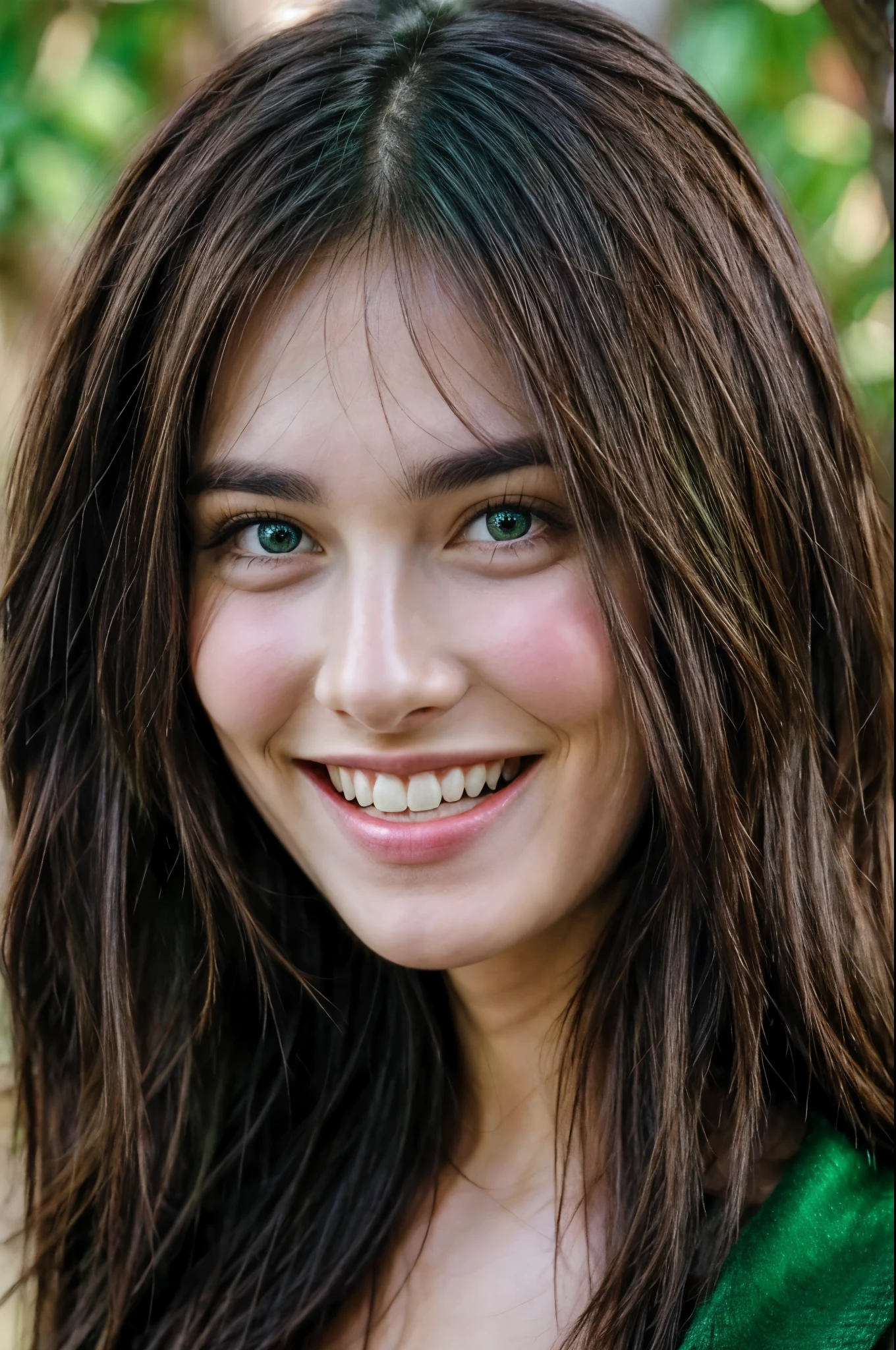 Beautiful brunette, laughing, green eyes, long hair, front face