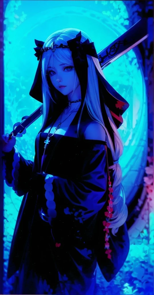 White hair、with a sickle、Cross Necklace、silber hair、Wear a blue aura、Good looking woman、Look into the viewer's eyes、Please wear a blue aura。masutepiece、Best image、Deities々aura、masutepiece、masutepiece