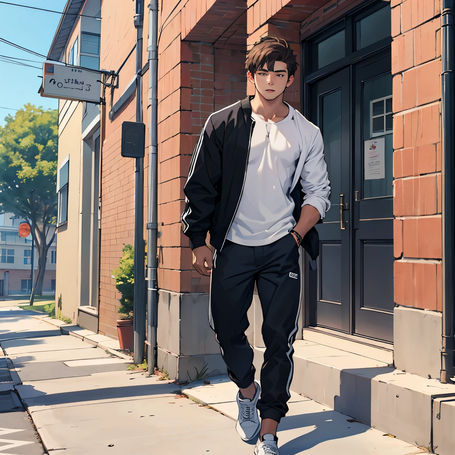 A boy, approximately 20 years old, a male college student with brown hair and black eyes wearing a white shirt, pants and shoes. The character is Outside the college.