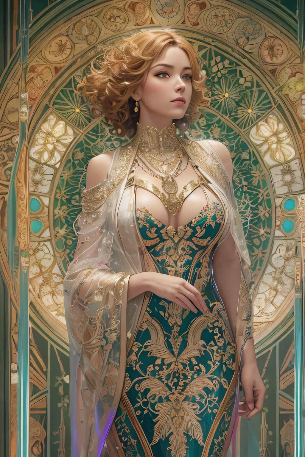 art deco - middle aged augmented buxom pale voluptuos full figured white woman in glossy iridescent  outfit, full body, G-cups , cover, hyperdetailed painting, luminism, Bar lighting, complex, 4k resolution concept art portrait by Greg Rutkowski, Artgerm, WLOP, Alphonse Mucha, little fusion pojatti realistic steampunk, fractal isometrics details bioluminescens : a stunning realistic photograph 30 years , redhead, italian goddness beautiful awesome with big white flowers , 3d render, octane render, intricately detailed, , cinematic, trending on artstation | Isometric | Centered hipereallistic cover photo awesome full color, hand drawn, dark, gritty, realistic mucha, klimt, erte .12k, intricate. hit definition , cinematic,, mix of bold dark lines and loose lines, bold lines, on  , full body with velvet dress, humanoid, Full body.