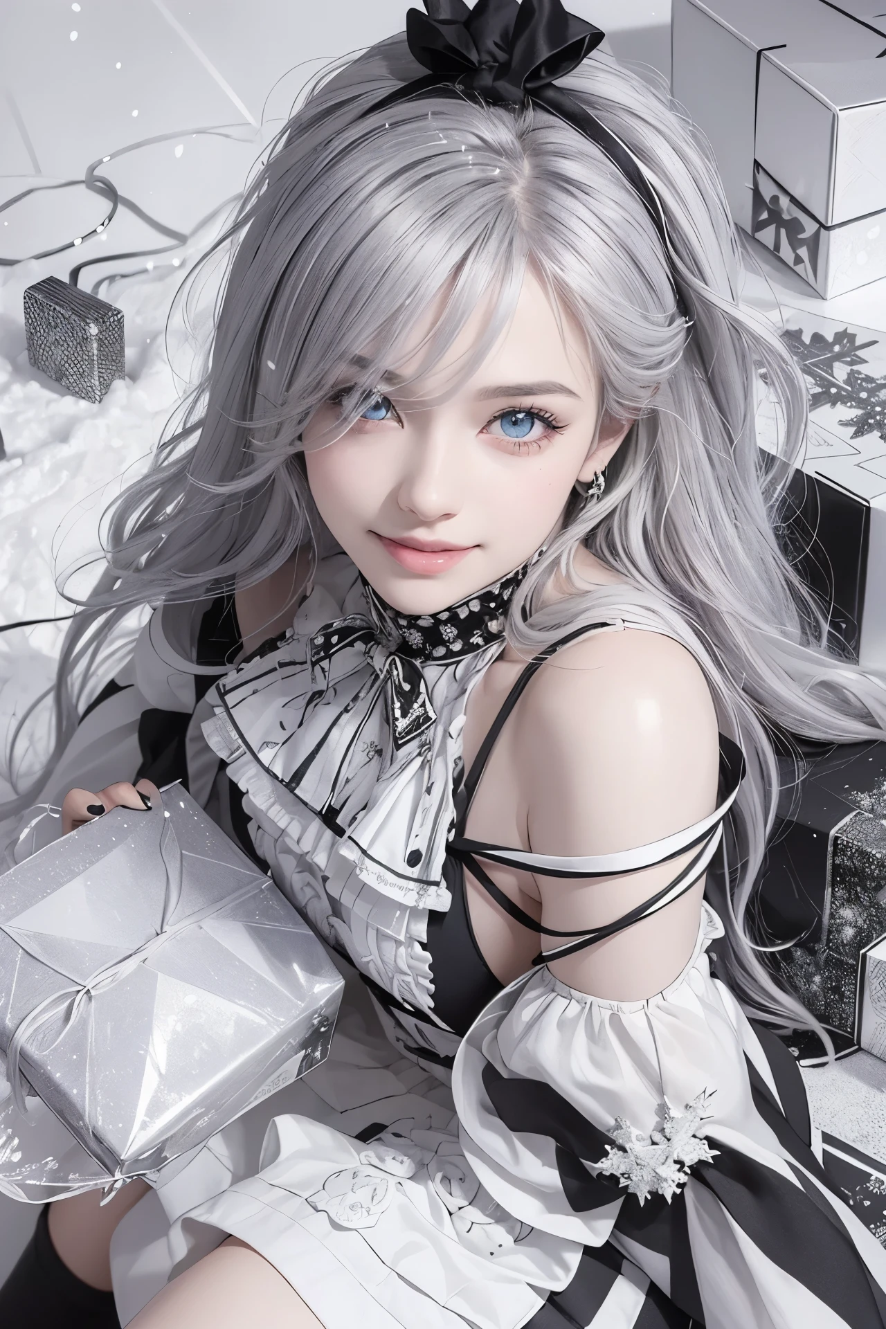 (Realistic:1.8), (Digital art:0.2), (Geometric art:1.7),(agpi official art, beautiful and aesthetic, ultra detailed, beautiful, masterpiece, best quality:1.6), (1girl:1.2), Detailed face, Detailed eyes, Detailed hair, young fingers, Detailed fingers, five fingerREAK cute ig model, Japanese cute model, 22 years old, Tightened all body, small head, small face, small mouth, diamond Face, small nose, Sharp Faceline, (dropy eyes, Double eyelid, Light color eyes, Glossy eyes, Shiny eyes:1.2), Shiny skin, shiny hair, (gray hair:1.2),
_
BREAK (happy, smile, Teeth, Glossy Lip:1.2),beautiful Teeth, (upper body:1.5), from side,
_
BREAK (BLACK and White theme:1.4), (Cute Christmas theme:1.2), (fluffy Santa hat with ribbon:1.2), (adorable BLACK and white candy cane-striped off-shoulder top:1.2), (short length White pleated skirt with subtle Polka dot pattern:1.2), (festive knee-high socks with small bows:1.2), (festive White and BLACK ankle boots:1.2), BREAK (sparkling snowfall background:1.2), (joyful expression:1.2), (holding a cute gift box with a big bow:1.2), (gentle snow breeze:1.2),