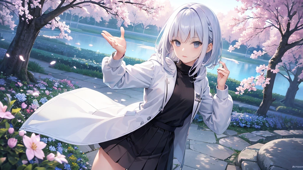 Ultra-high image quality,Look at viewers, hands behind back, girl with, 20 years old, Very short hair, long bangs between eyes, pale blue eyes, Hoodie, Skirt , Extremely detailed,(​masterpiece、top-quality),White hair、Fantastical, Silver hair, Black eyes,  Hoodie, White hoodie,a black skirt,Hair is short,White jacket, Casual style,Open jacket,  Cowboy Shot、Fluttering hair ,profetional lighting,fantastic landscape,Blue sky, Sunlight,look down from above、facing front、fountain in the forest、flower  field、cherry blossoms falling、5 fingers