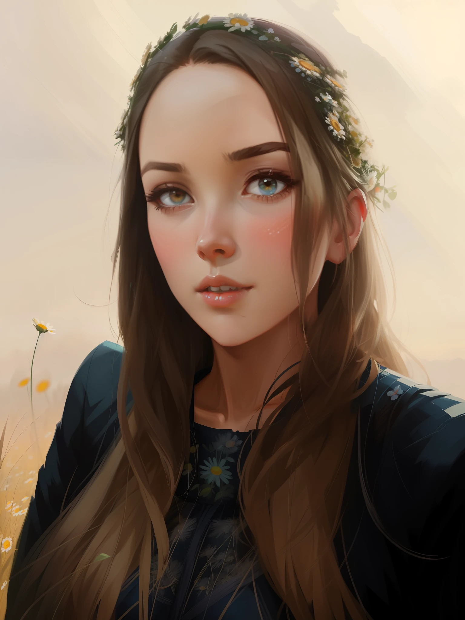 a woman with a flower crown stands in a field of daisies, artgerm and atey ghailan, artwork in the style of guweiz, beautiful digital illustration, beautiful digital artwork, beautiful digital painting, gorgeous digital painting, stunning digital illustration, adorable digital painting, beautiful character painting, realistic cute girl painting, beautiful fantasy art portrait, Beautiful girl from anime sunflower