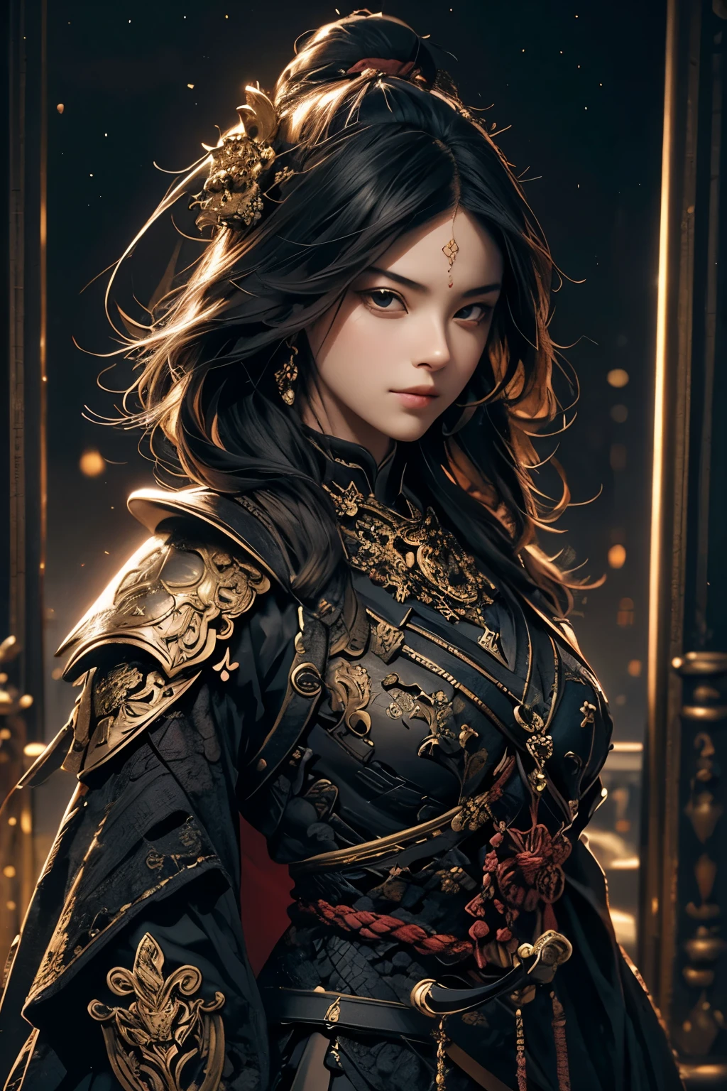 A beautiful black haired girl "a katana is hanged on her back", wearing ebonheart "heavily ornated" dark red full body armor. intricate details, masterpiece, masterpiece, rembrandt lighting, ultra high res, intricate details, nature light, film grain, dreamlike, perfect anatomy, best shadow, delicate, RAW>, pleasured expression, spotless face, perfect face, detailed eyes, intricate detail, detailed face, temple background, [bad anatomy], [bad hands], [missing fingers], [poorly drawn hands], [poorly drawn face], [deformed], [extra arm] [fused fingers], [too many fingers], [long neck],[bad proportions],