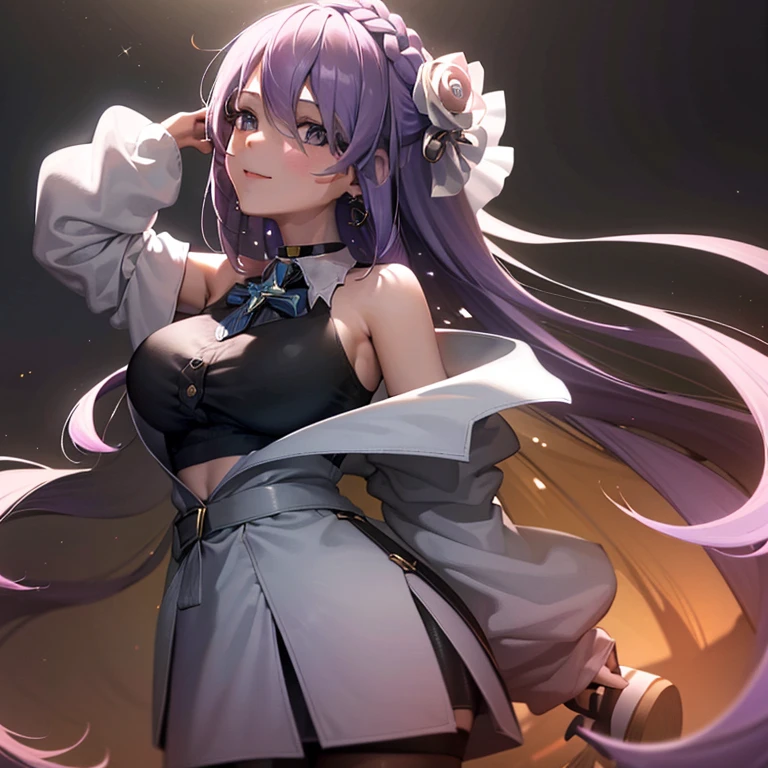 Purple colored hair, long whitr hair, a purple eye, , Black dress, the face, A sweet smile, compliant, 8K, Detailed pubic hair, k hd, Detailed pubic hair eyes,比基尼,Come out