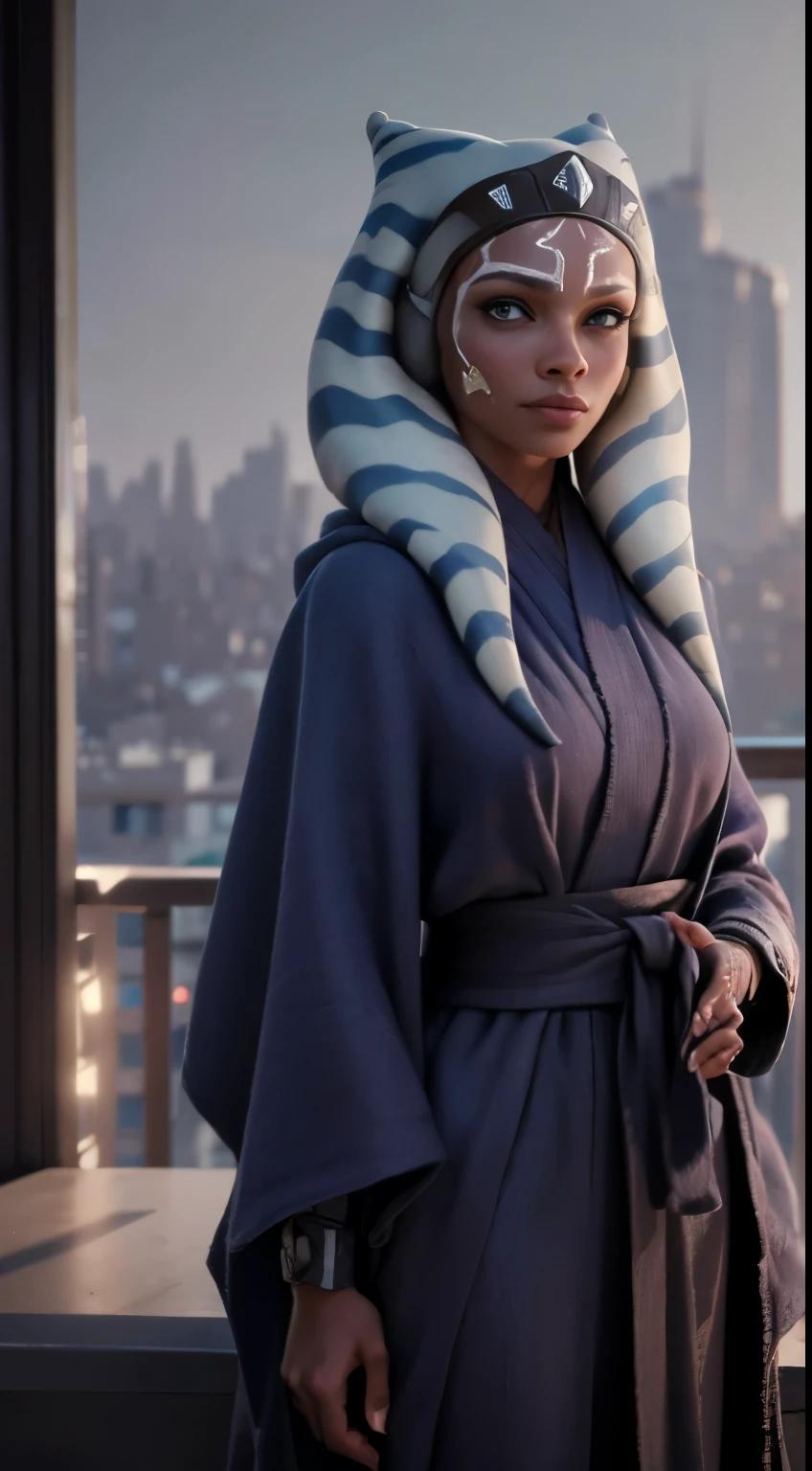 photo of Ahsoka Tano, RAW, beautiful woman, ((portrait)), ((detailed face:1.2)), ((detailed facial feature, detailed dark skin, clear skin), (perfect proportioned body), ((wearing colorful robes)) (high detailed city environment, apartment balcony), (realistic photo, best quality, detailed), (8k wallpaper), (cinematic lighting, dramatic lighting) (sharp focus, intricate)