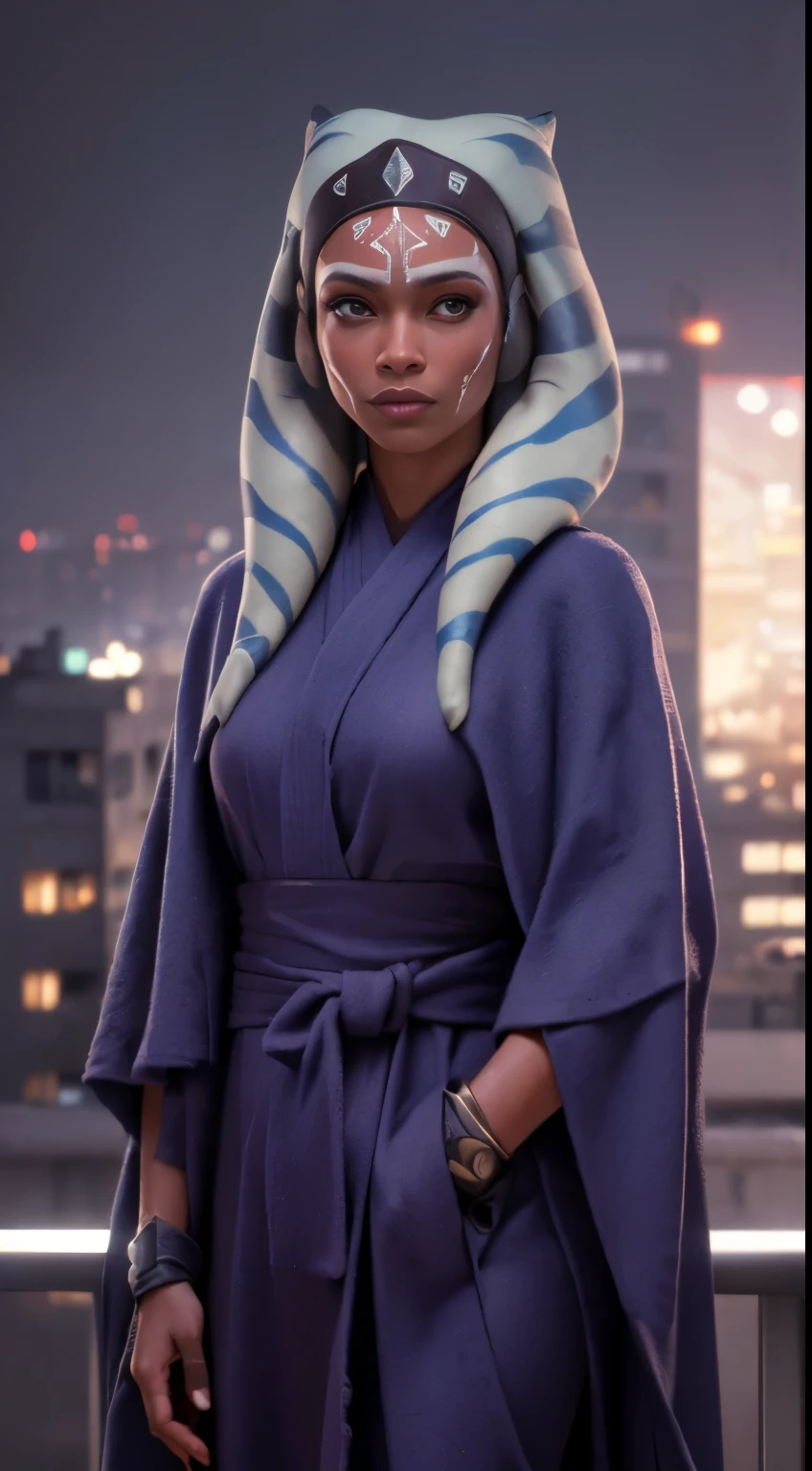 photo of Ahsoka Tano, RAW, beautiful woman, ((portrait)), ((detailed face:1.2)), ((detailed facial feature, detailed dark skin, clear skin), (perfect proportioned body), ((wearing colorful robes)) (high detailed city environment, apartment balcony), (realistic photo, best quality, detailed), (8k wallpaper), (cinematic lighting, dramatic lighting) (sharp focus, intricate)